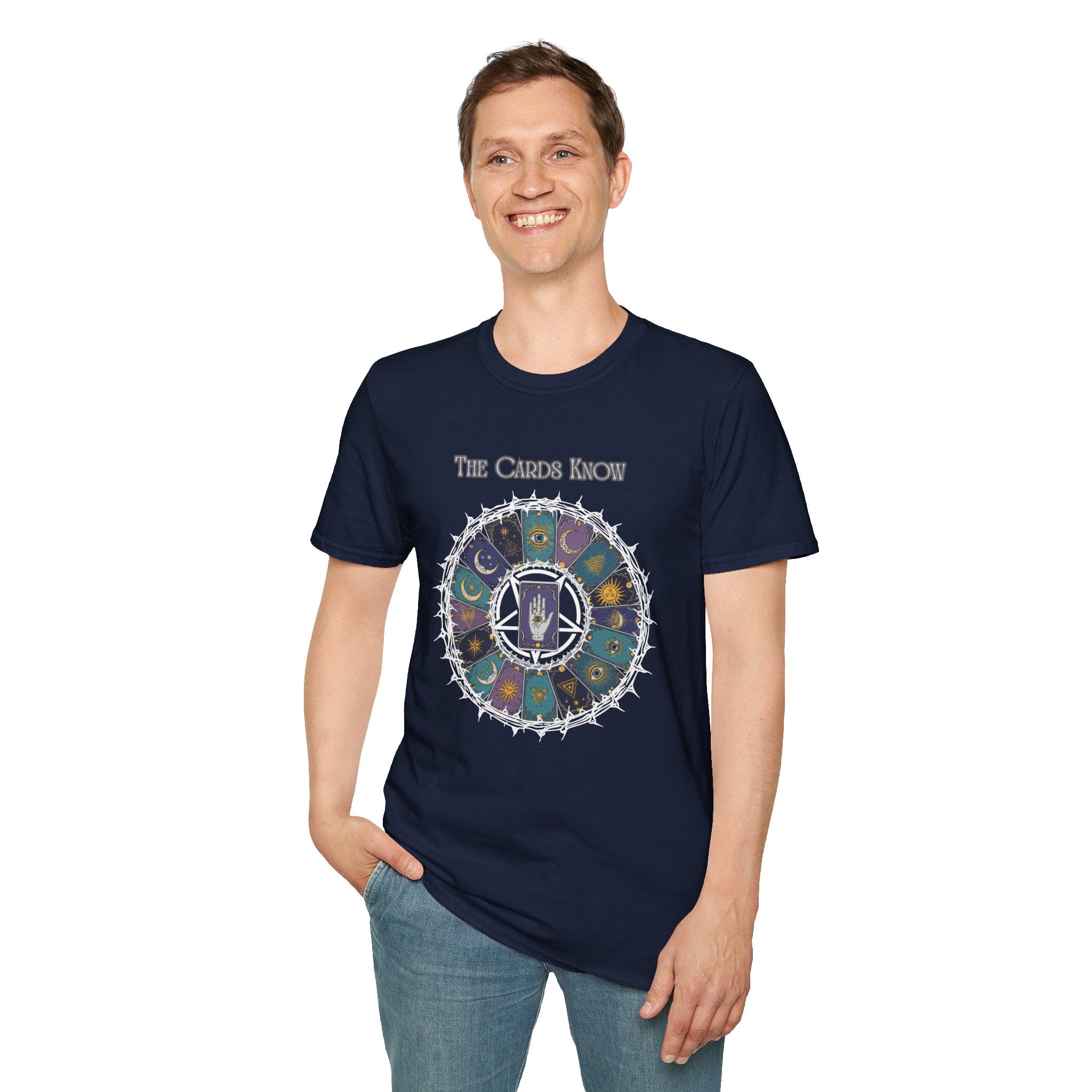 Tarot T-Shirt — "The Cards Know" Mystic Tarot Deck Circle Tee