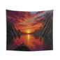 Tapestry - Canoe Sunset River Wall Hanging, Tranquil Lakeside Scenic Decor