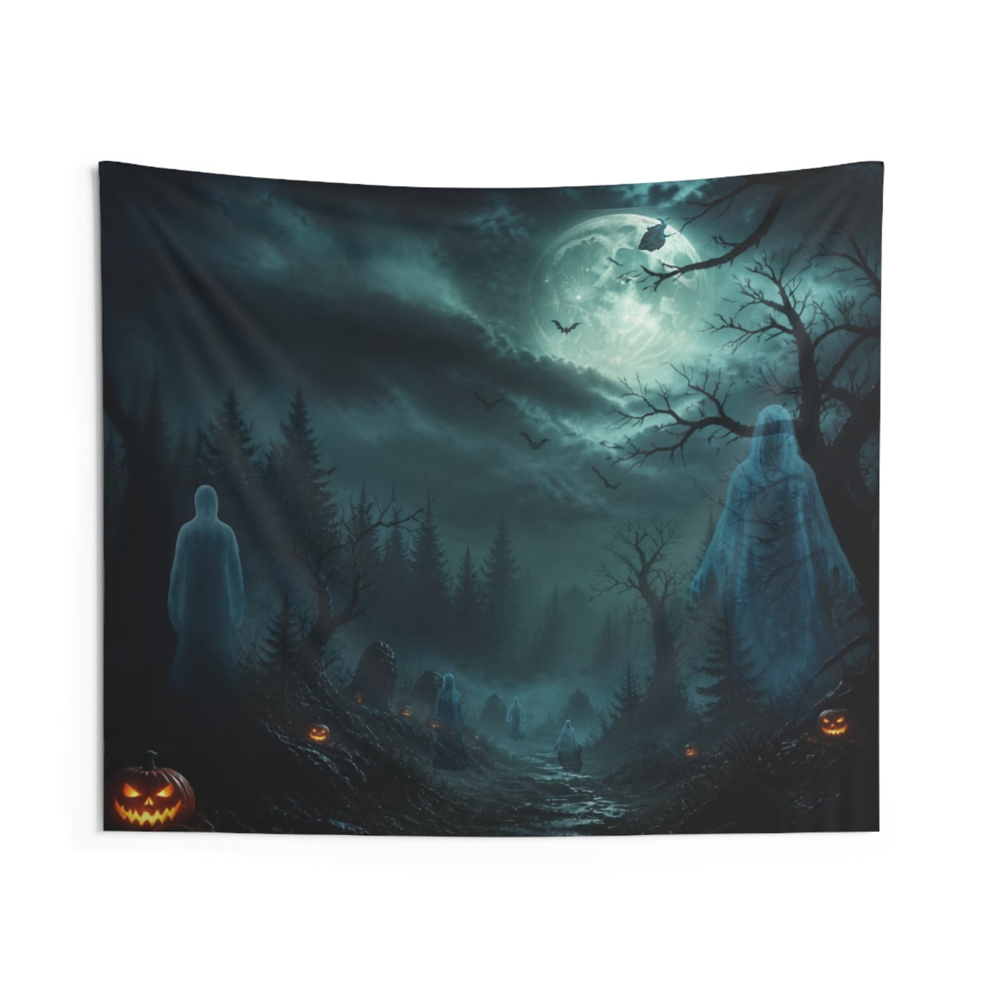 Ghostly Night Wall Tapestry — Spooky Halloween Moonlit Forest Scene