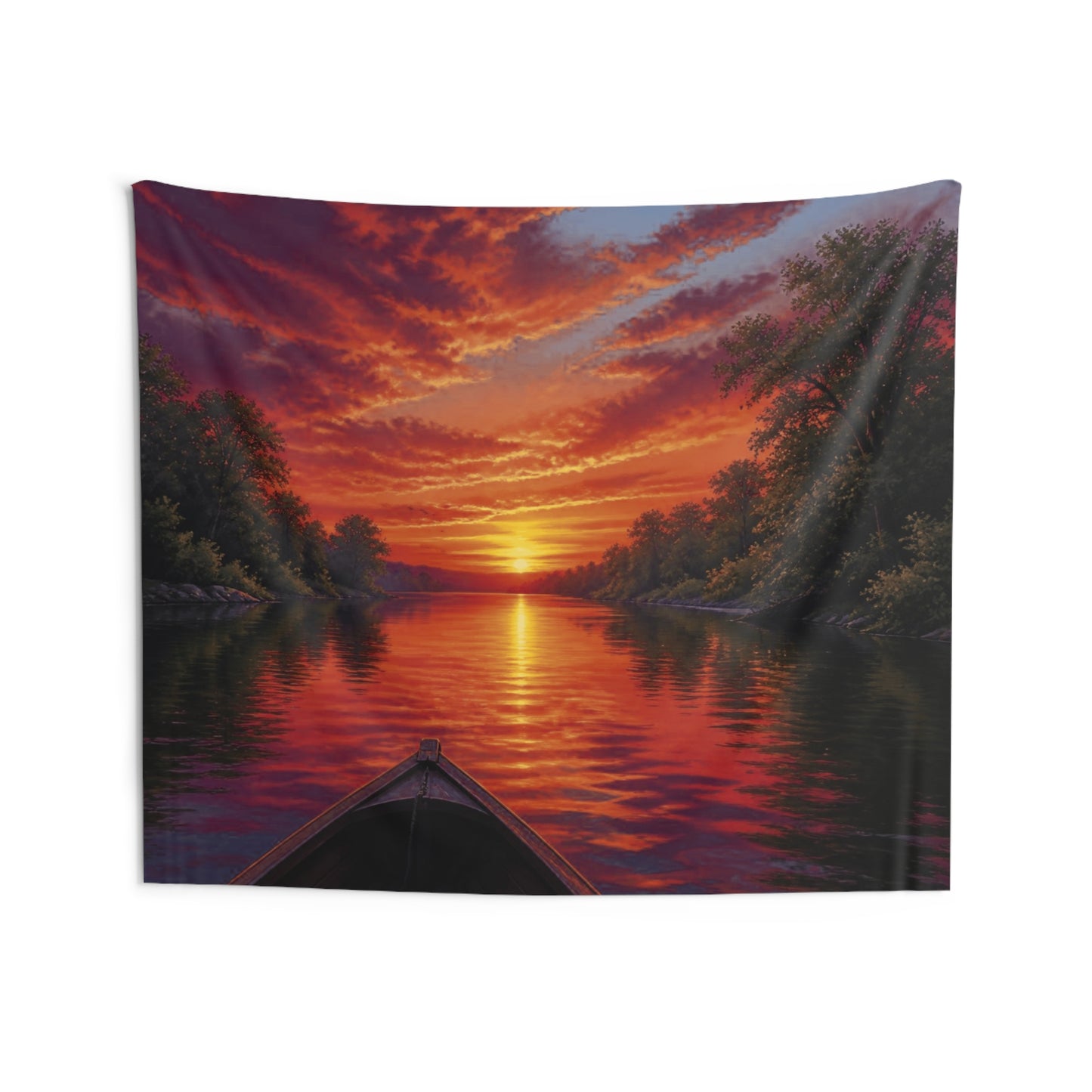 Tapestry - Canoe Sunset River Wall Hanging, Tranquil Lakeside Scenic Decor