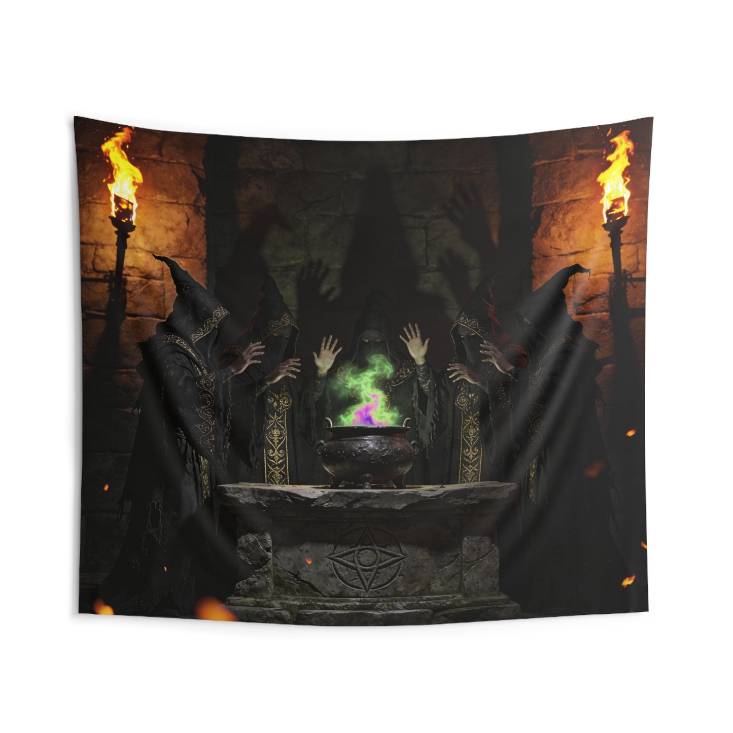 Ritual Sorcerers Wall Tapestry — Gothic Cauldron & Hooded Figures Tapestry