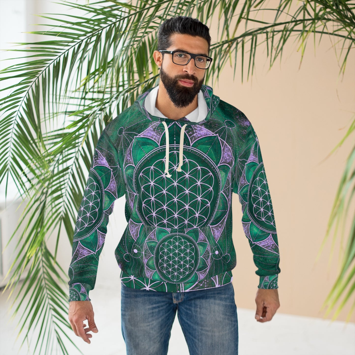 Flower of Life Green Mandala Hoodie – Sacred Geometry All-Over Print Pullover