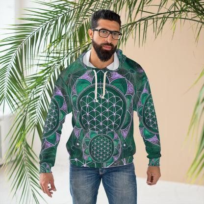 Flower of Life Green Mandala Hoodie – Sacred Geometry All-Over Print Pullover