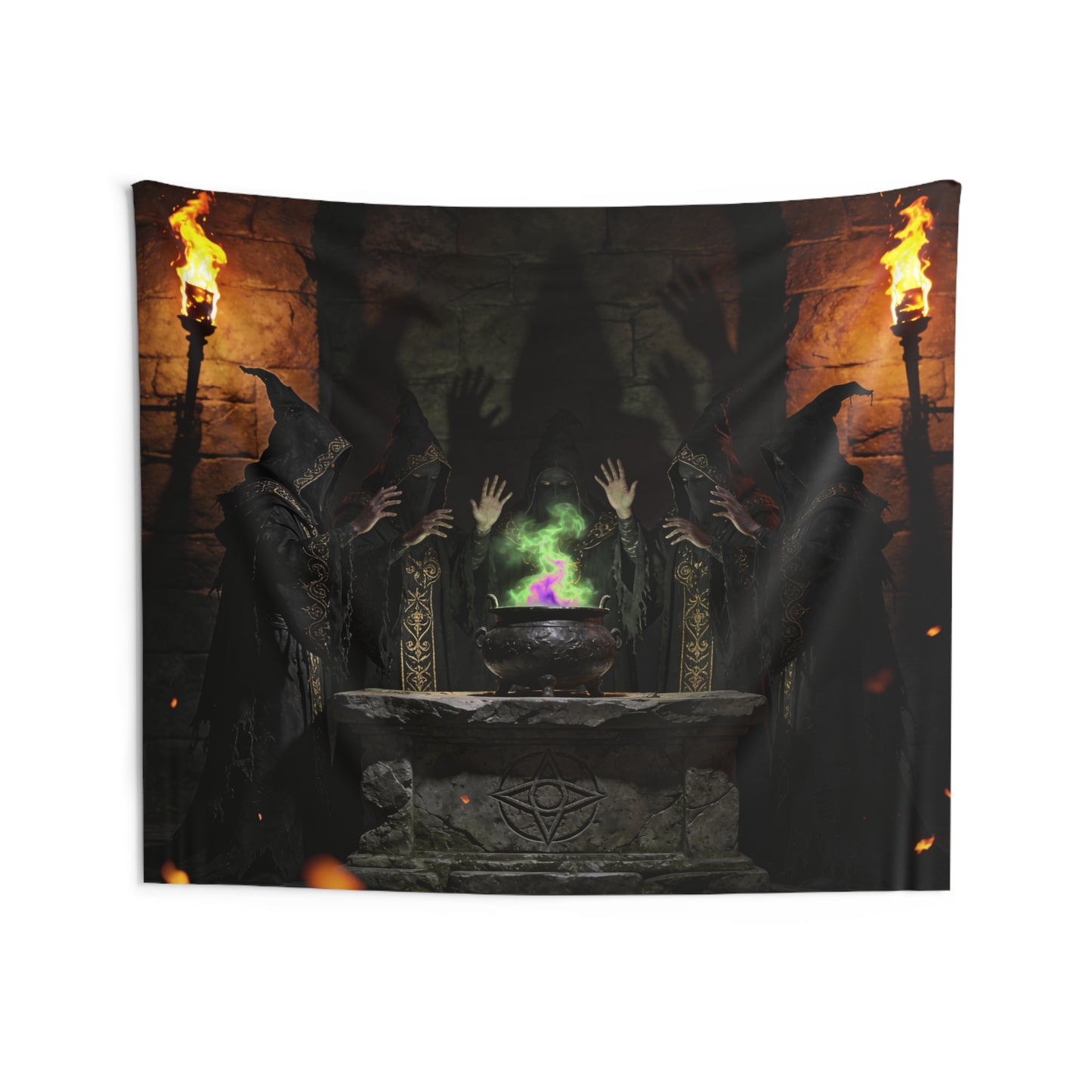 Ritual Sorcerers Wall Tapestry — Gothic Cauldron & Hooded Figures Tapestry