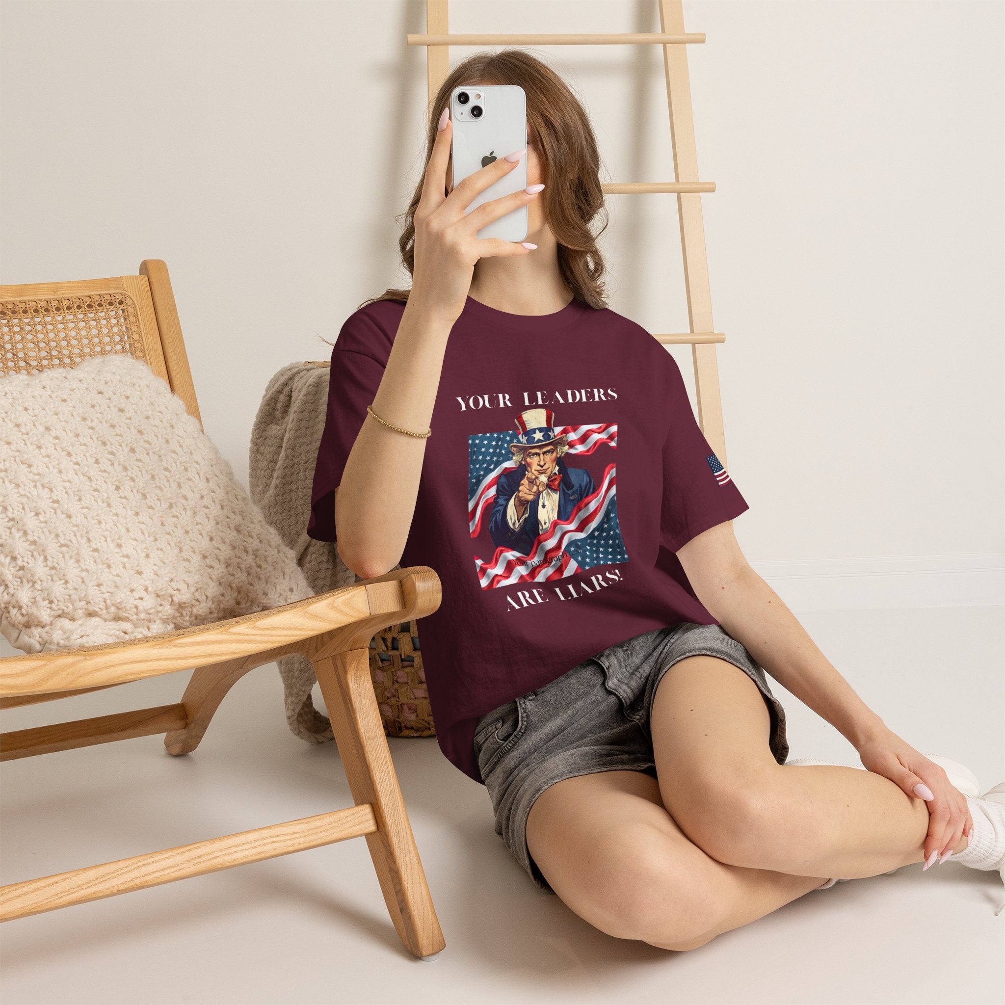 Uncle Sam pointing with American flag background Tee | Your Leaders Are Liars design