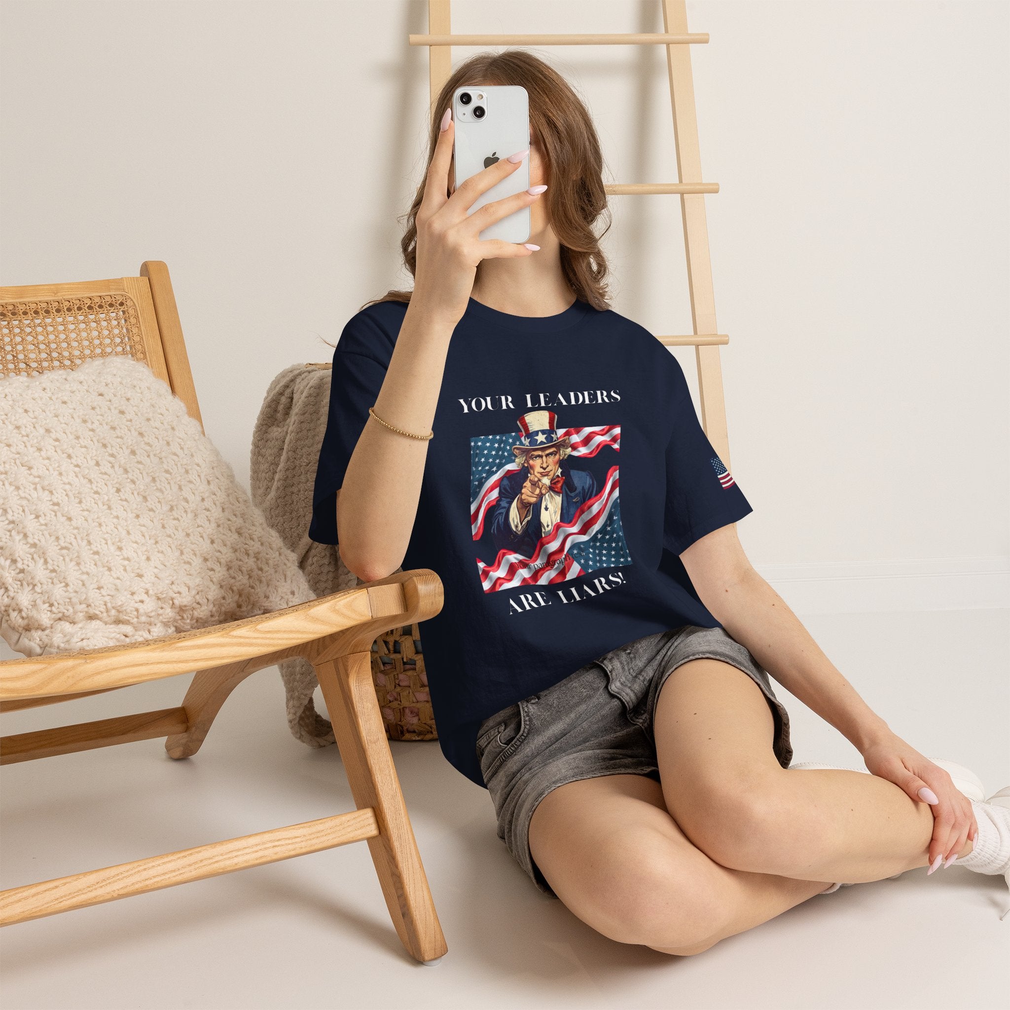 Uncle Sam pointing with American flag background Tee | Your Leaders Are Liars design