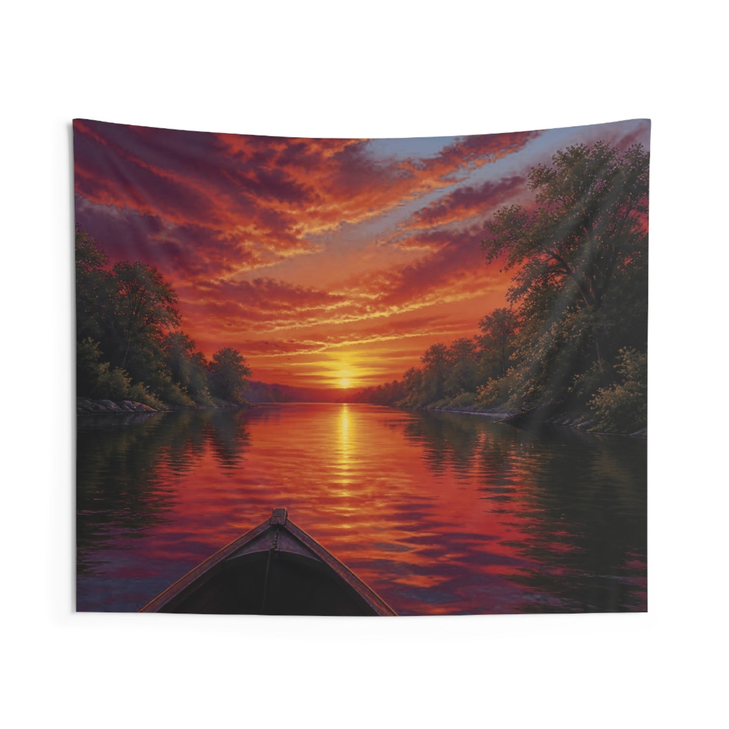 Tapestry - Canoe Sunset River Wall Hanging, Tranquil Lakeside Scenic Decor