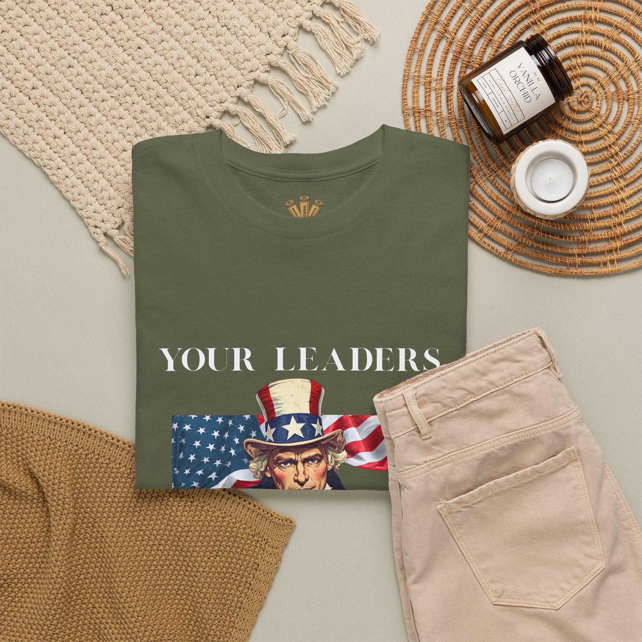 Uncle Sam pointing with American flag background Tee | Your Leaders Are Liars design