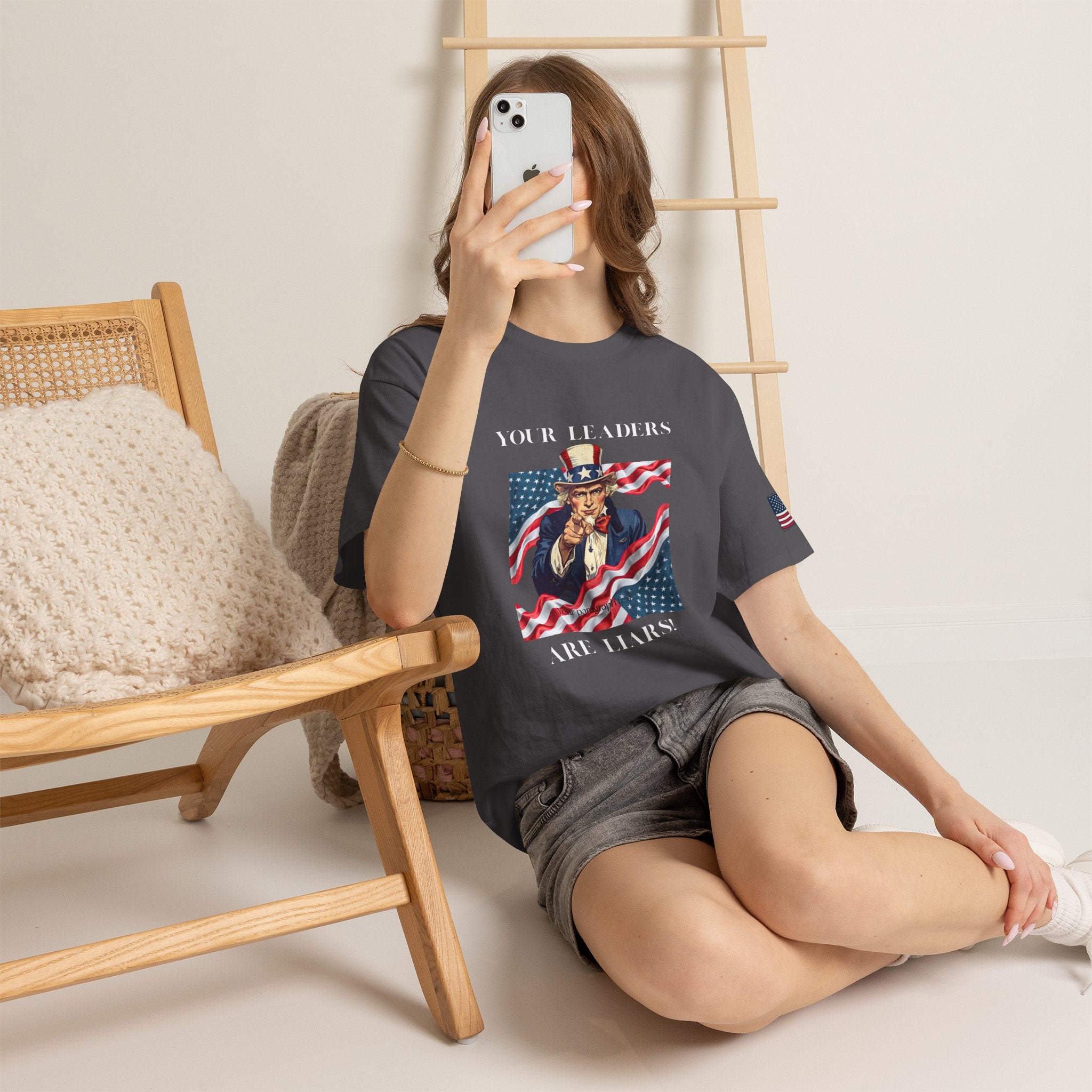 Uncle Sam pointing with American flag background Tee | Your Leaders Are Liars design