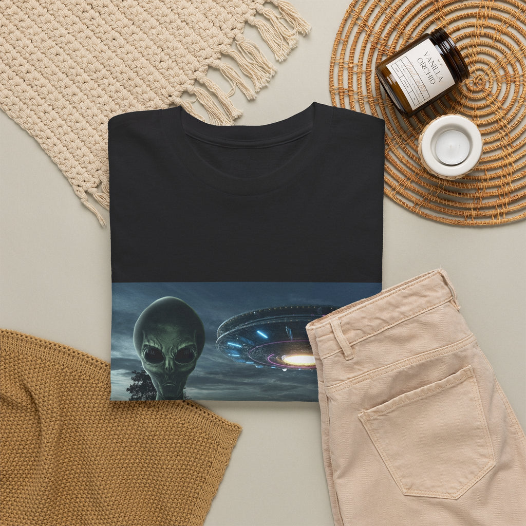 Alien UFO Graphic Tee — "We Were Never Alone" Sci‑Fi T‑Shirt - Erudition Designs