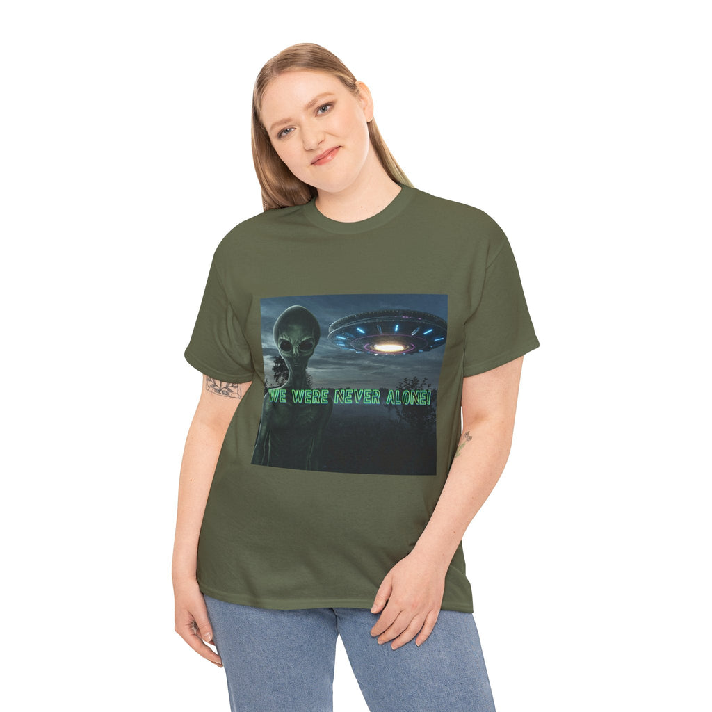 Alien UFO Graphic Tee — "We Were Never Alone" Sci‑Fi T‑Shirt - Erudition Designs