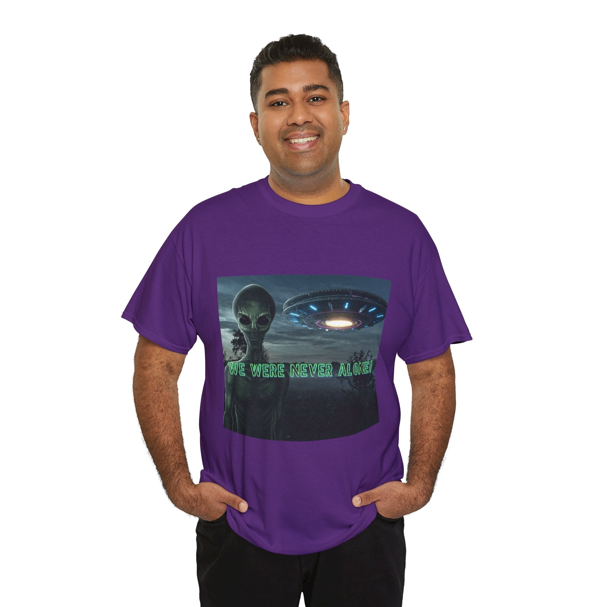 Alien UFO Graphic Tee — "We Were Never Alone" Sci‑Fi T‑Shirt - Erudition Designs