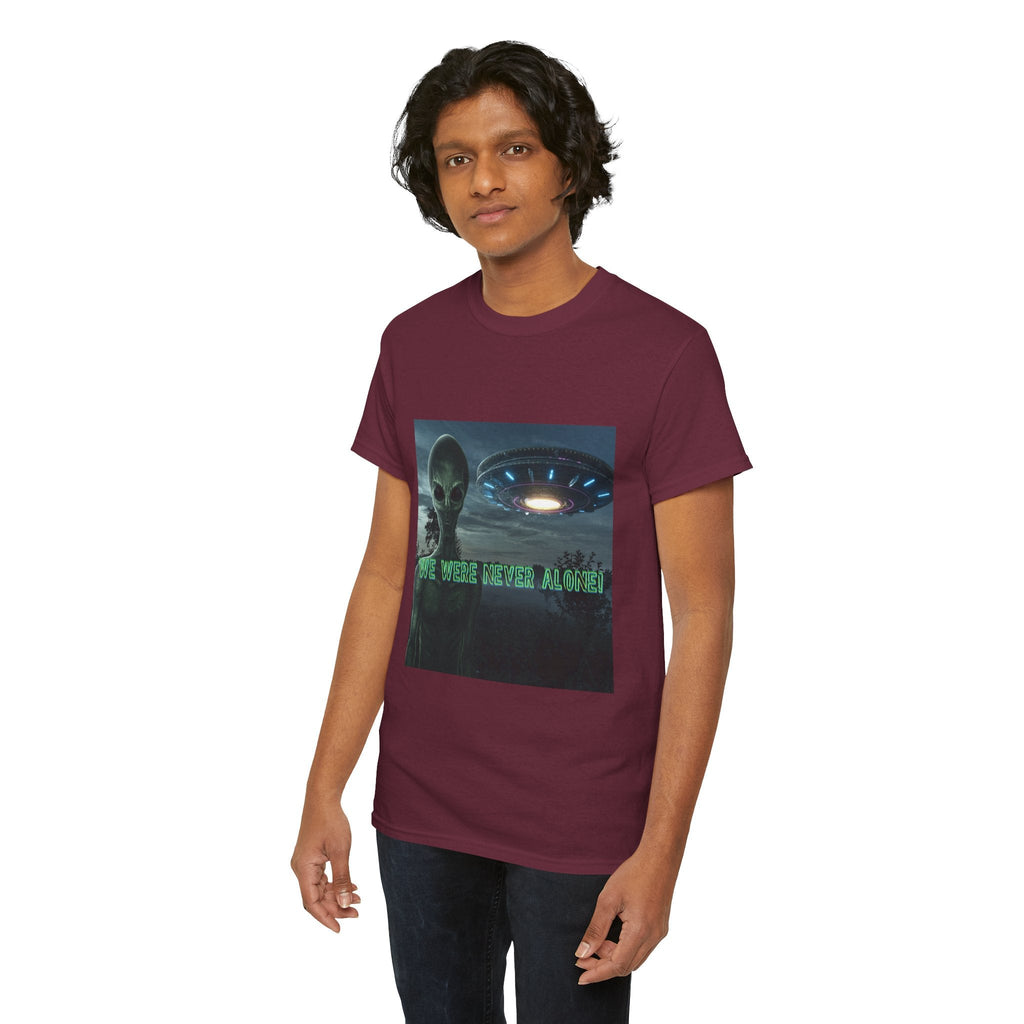 Alien UFO Graphic Tee — "We Were Never Alone" Sci‑Fi T‑Shirt - Erudition Designs