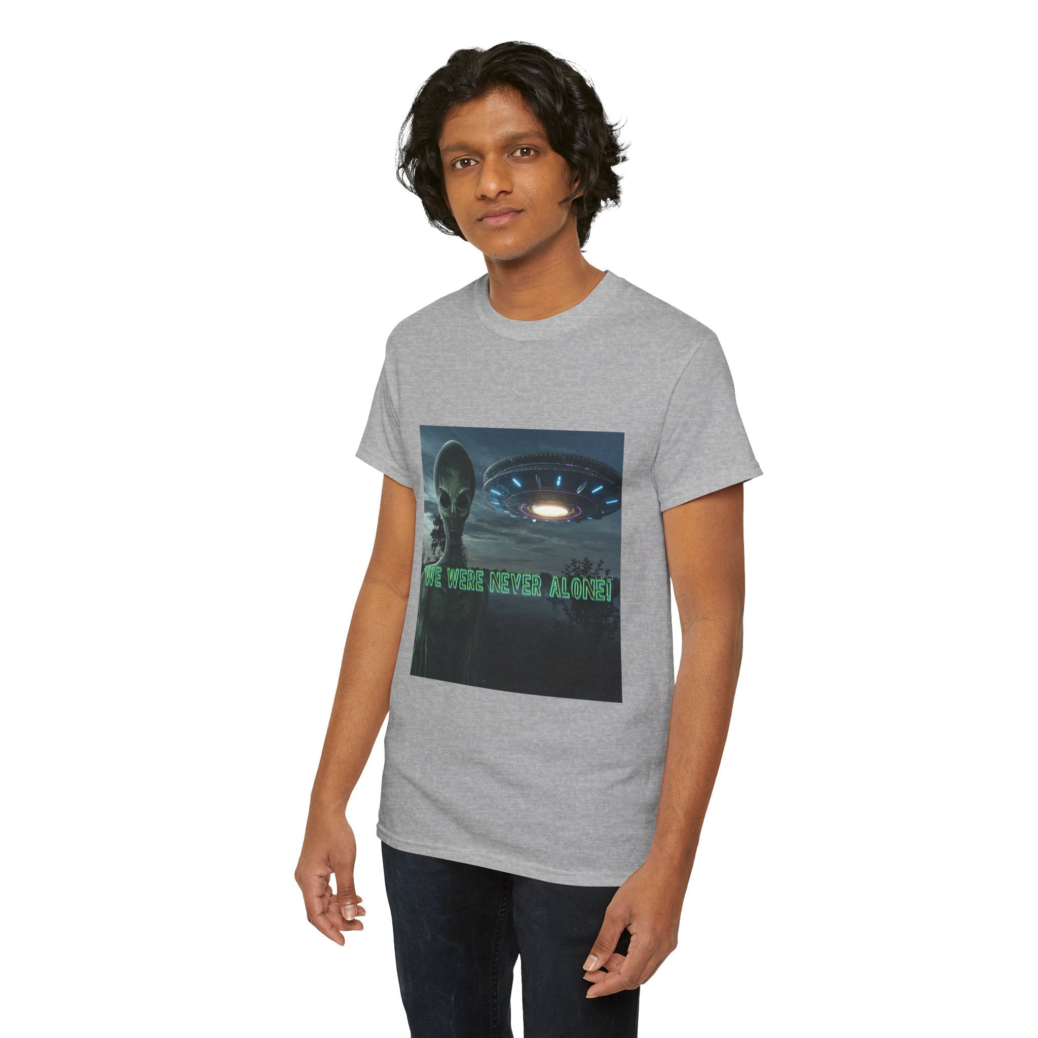 Alien UFO Graphic Tee — "We Were Never Alone" Sci‑Fi T‑Shirt - Erudition Designs