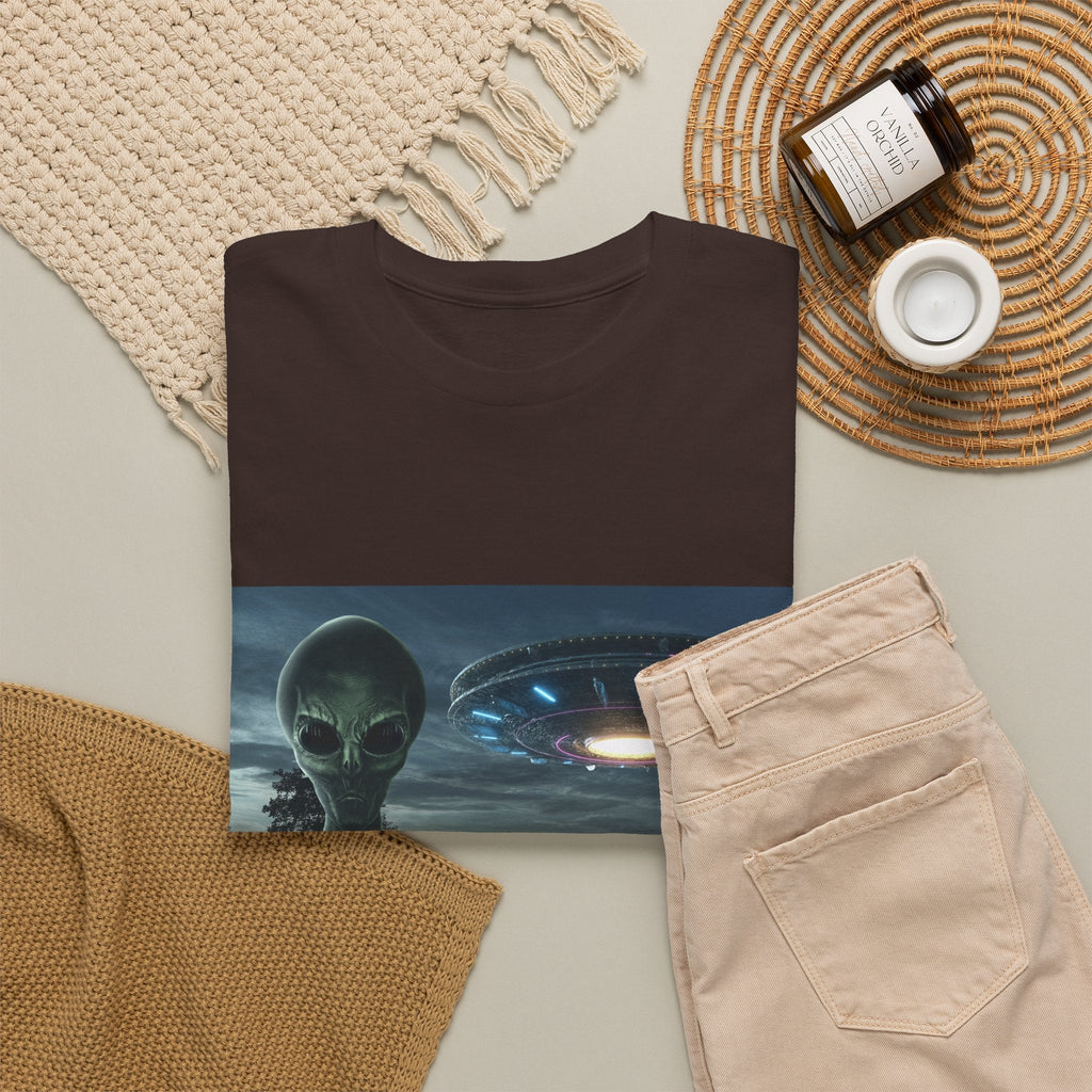 Alien UFO Graphic Tee — "We Were Never Alone" Sci‑Fi T‑Shirt - Erudition Designs