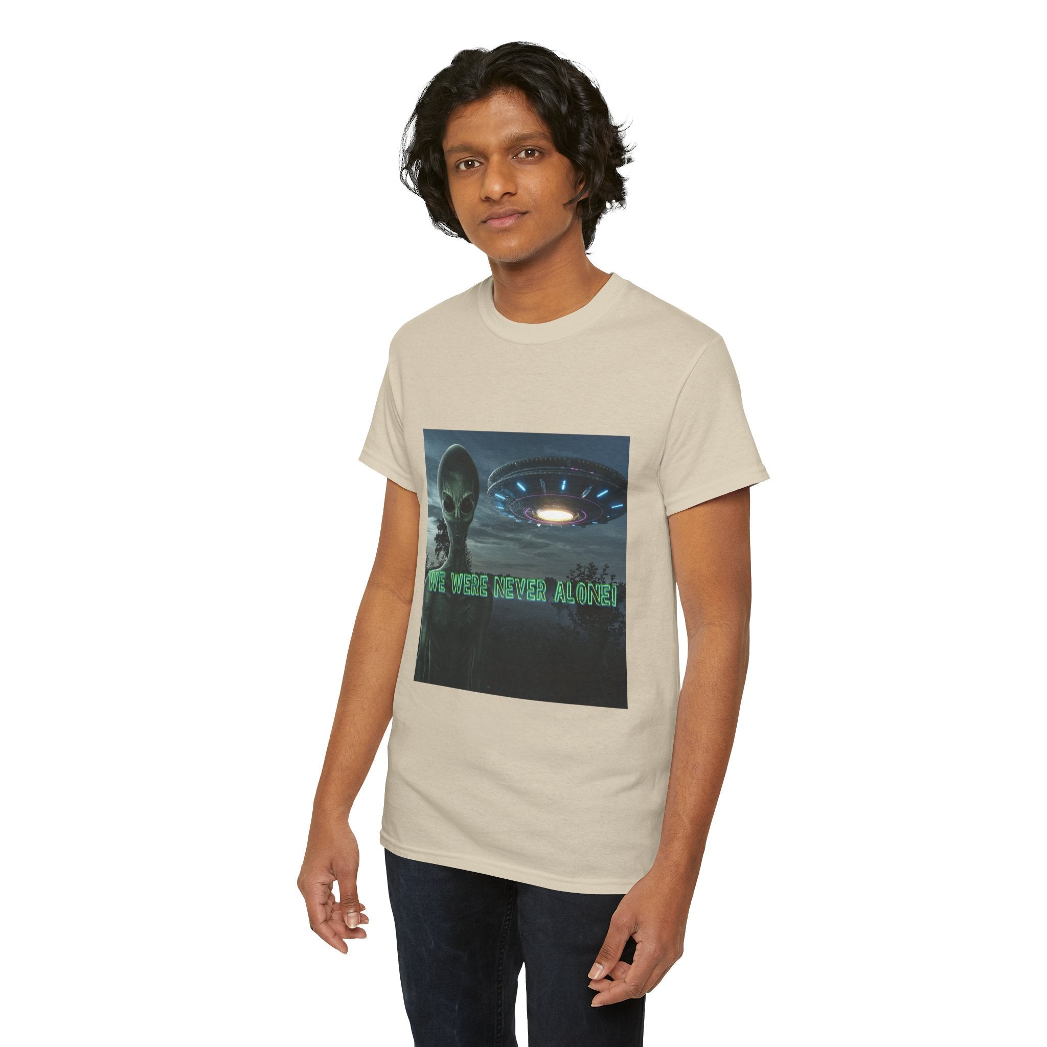 Alien UFO Graphic Tee — "We Were Never Alone" Sci‑Fi T‑Shirt - Erudition Designs