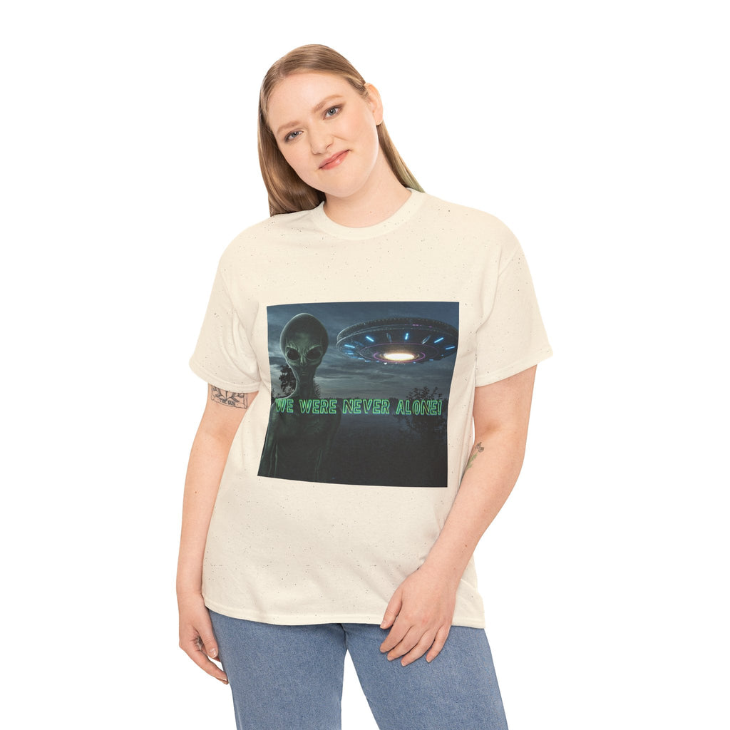Alien UFO Graphic Tee — "We Were Never Alone" Sci‑Fi T‑Shirt - Erudition Designs