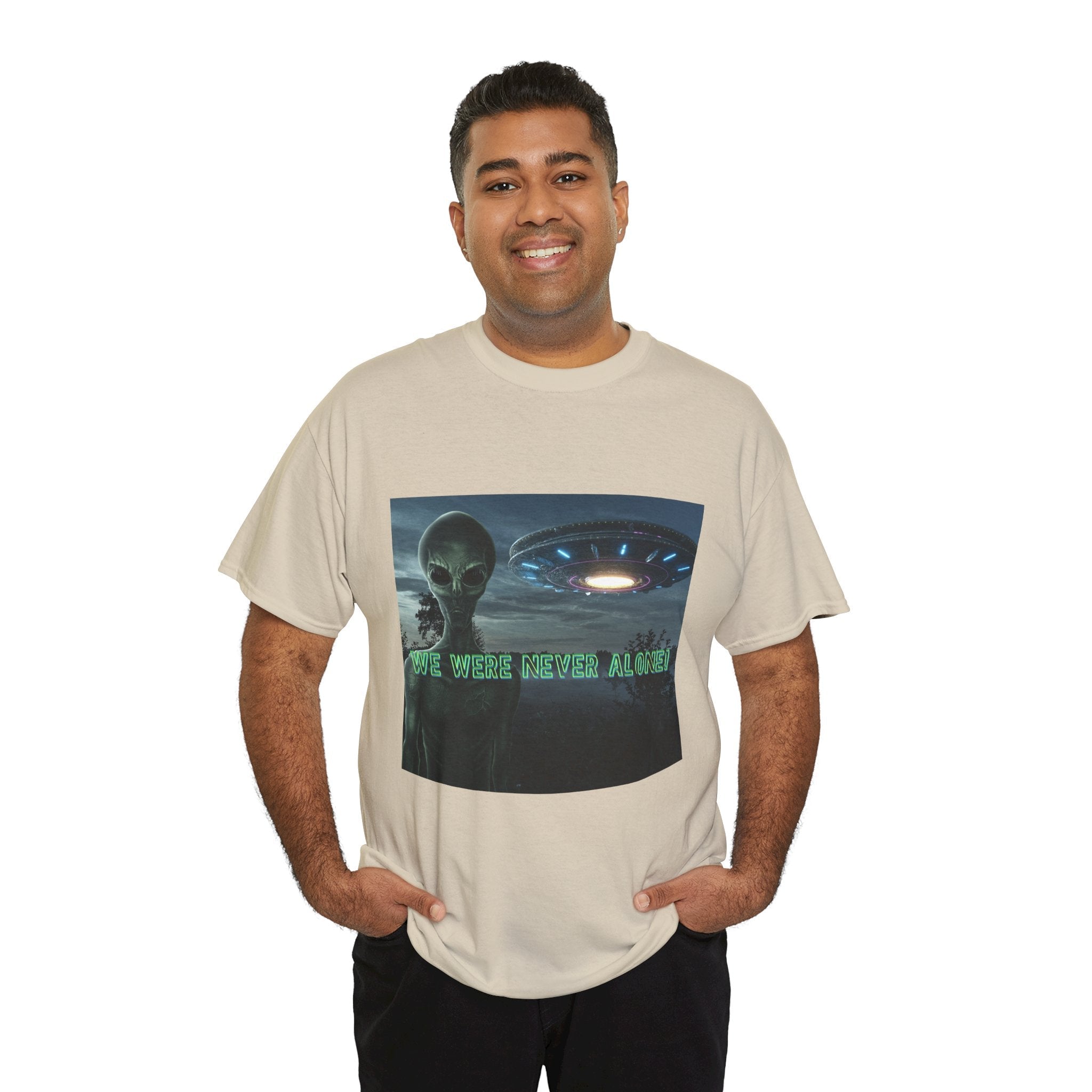 Alien UFO Graphic Tee — "We Were Never Alone" Sci‑Fi T‑Shirt - Erudition Designs
