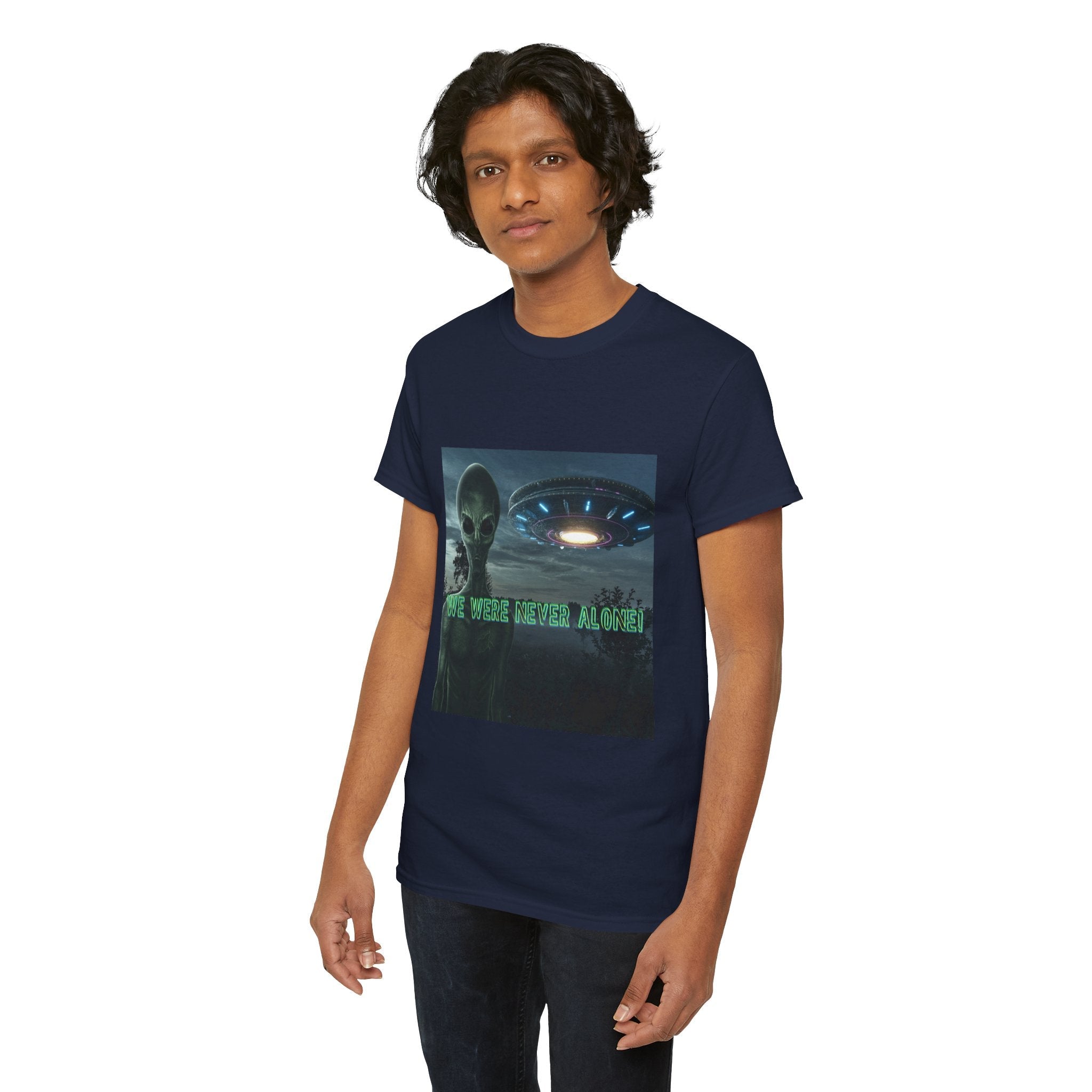 Alien UFO Graphic Tee — "We Were Never Alone" Sci‑Fi T‑Shirt - Erudition Designs