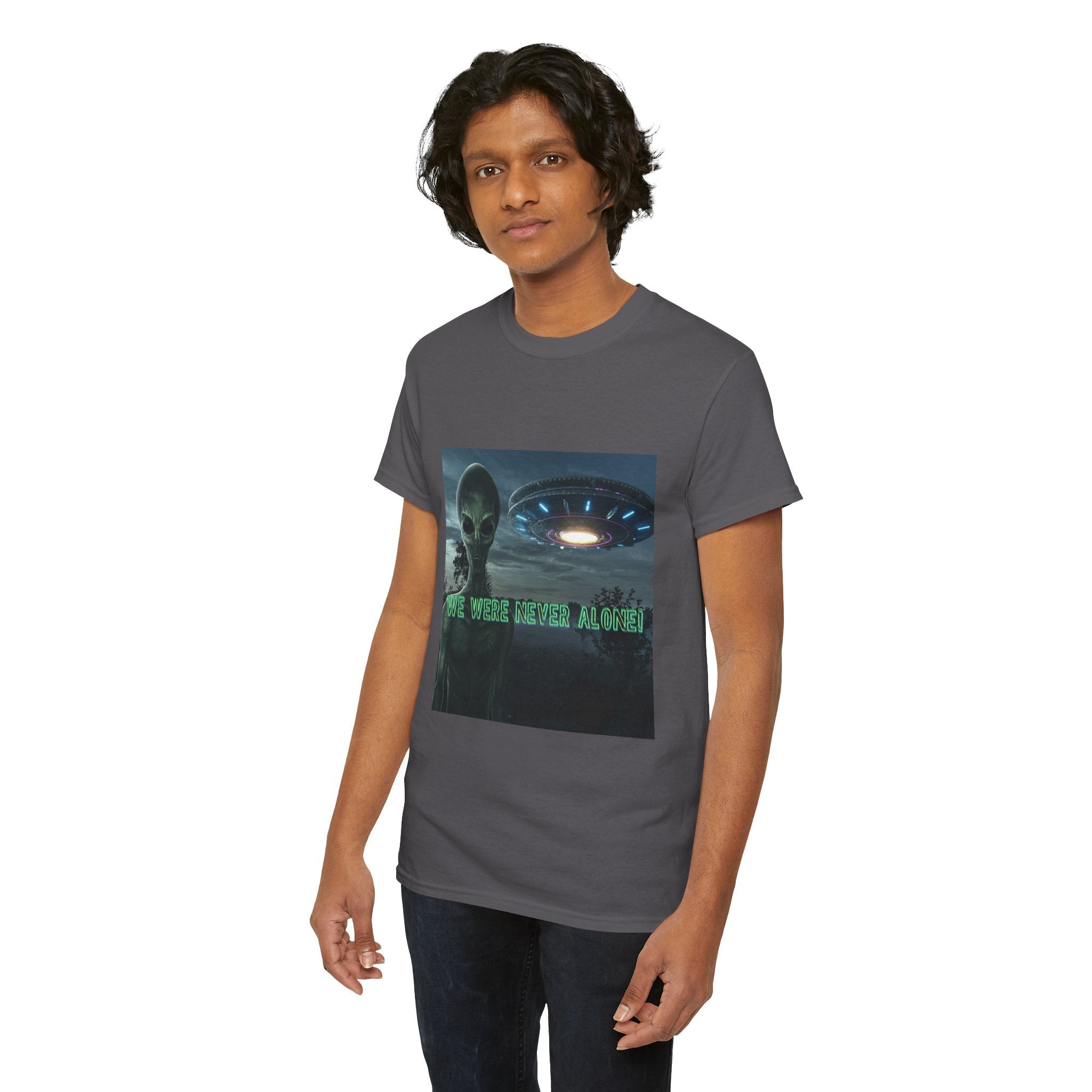Alien UFO Graphic Tee — "We Were Never Alone" Sci‑Fi T‑Shirt - Erudition Designs