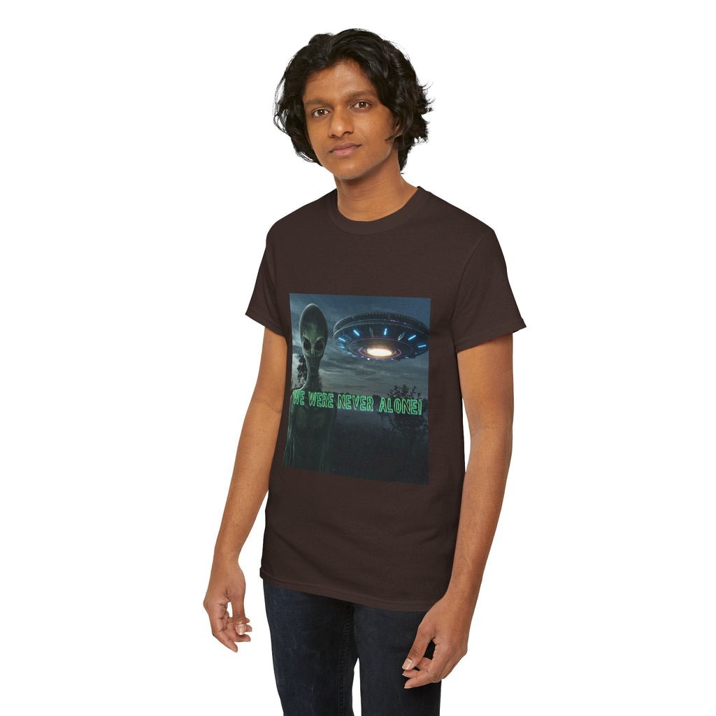 Alien UFO Graphic Tee — "We Were Never Alone" Sci‑Fi T‑Shirt - Erudition Designs