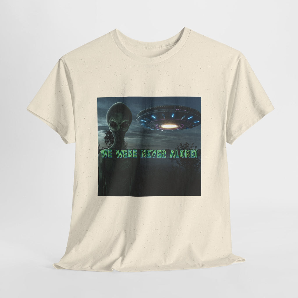Alien UFO Graphic Tee — "We Were Never Alone" Sci‑Fi T‑Shirt - Erudition Designs