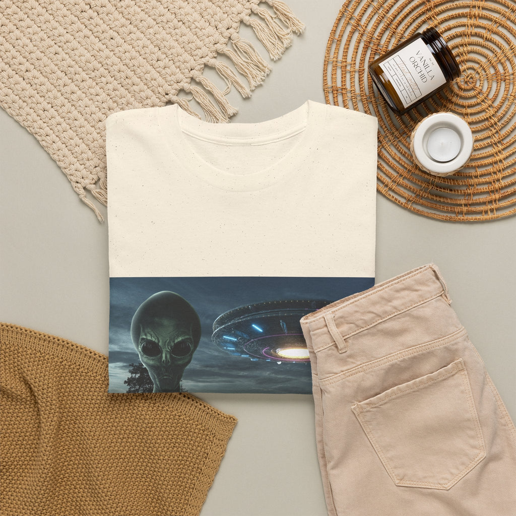 Alien UFO Graphic Tee — "We Were Never Alone" Sci‑Fi T‑Shirt - Erudition Designs
