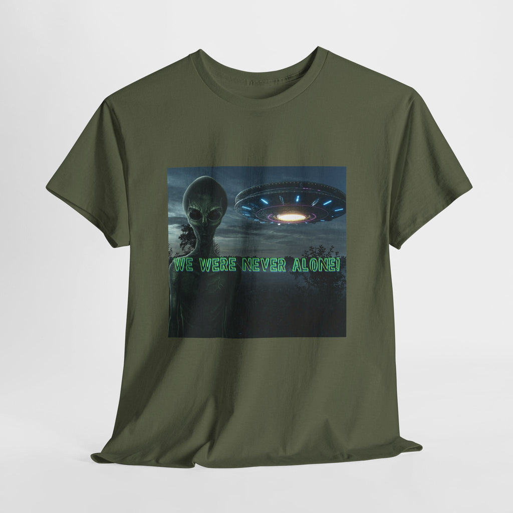 Alien UFO Graphic Tee — "We Were Never Alone" Sci‑Fi T‑Shirt - Erudition Designs