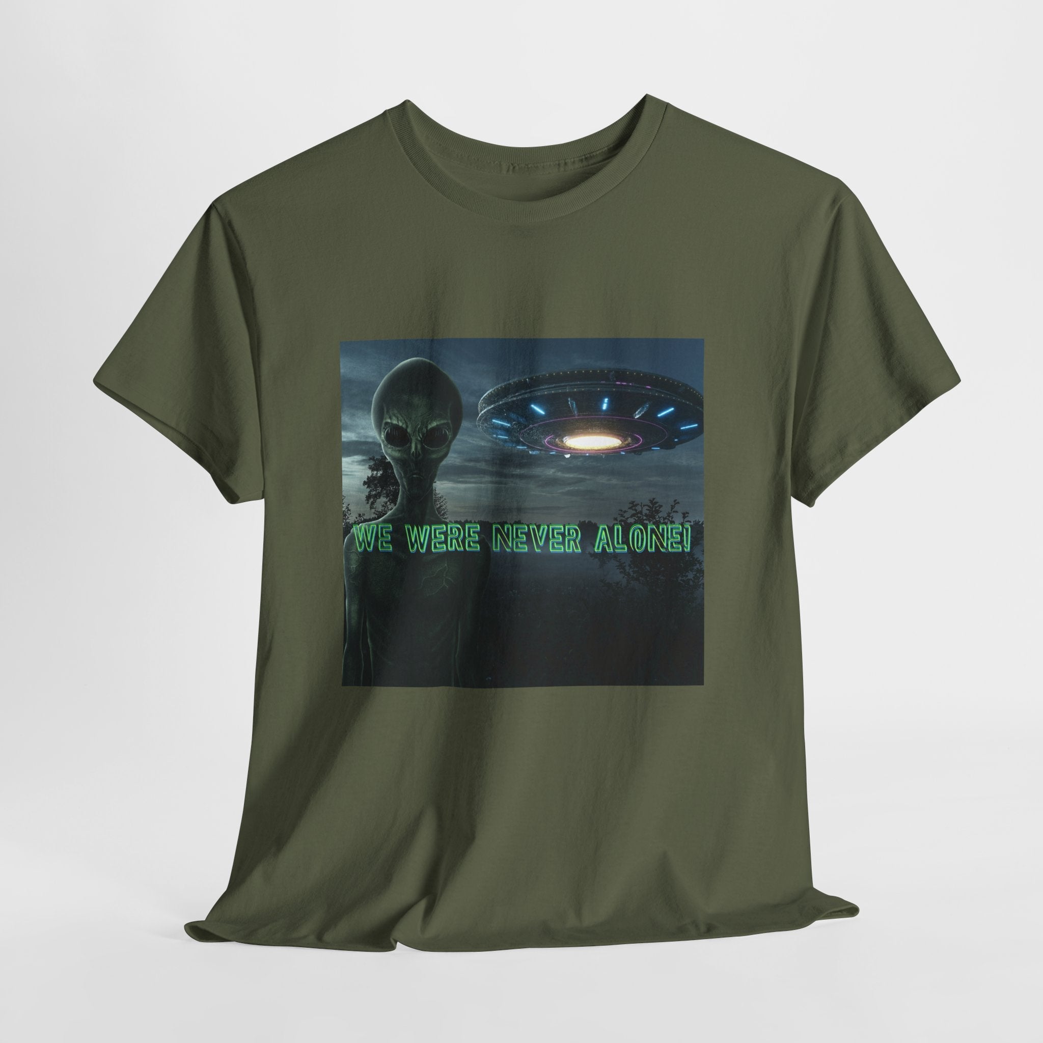 Alien UFO Graphic Tee — "We Were Never Alone" Sci‑Fi T‑Shirt - Erudition Designs