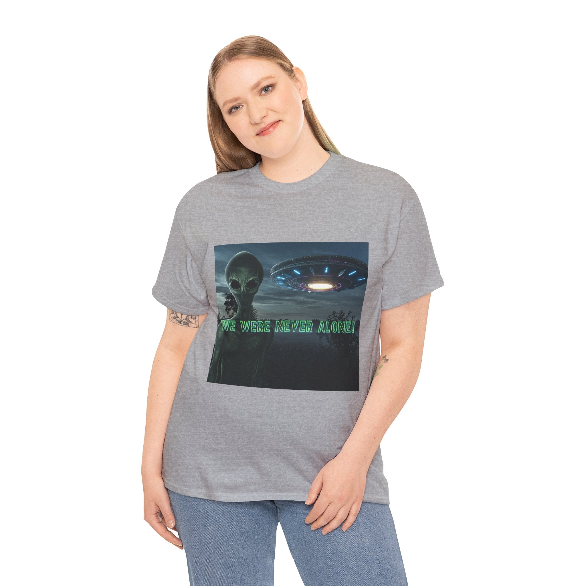 Alien UFO Graphic Tee — "We Were Never Alone" Sci‑Fi T‑Shirt - Erudition Designs