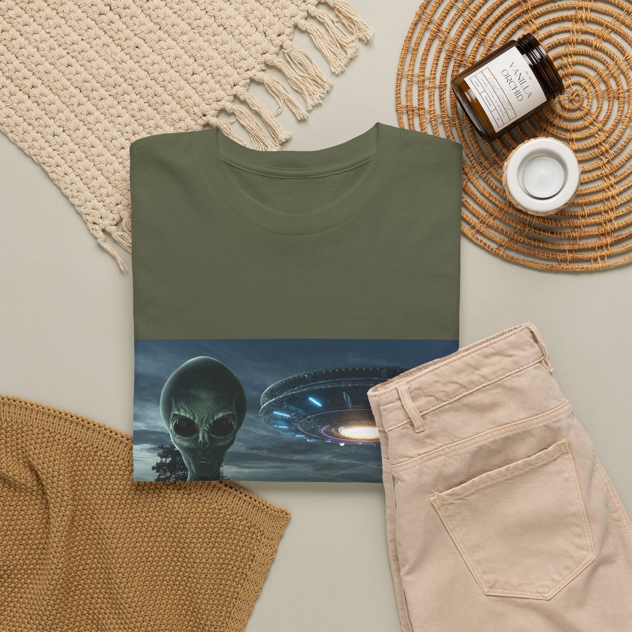 Alien UFO Graphic Tee — "We Were Never Alone" Sci‑Fi T‑Shirt - Erudition Designs