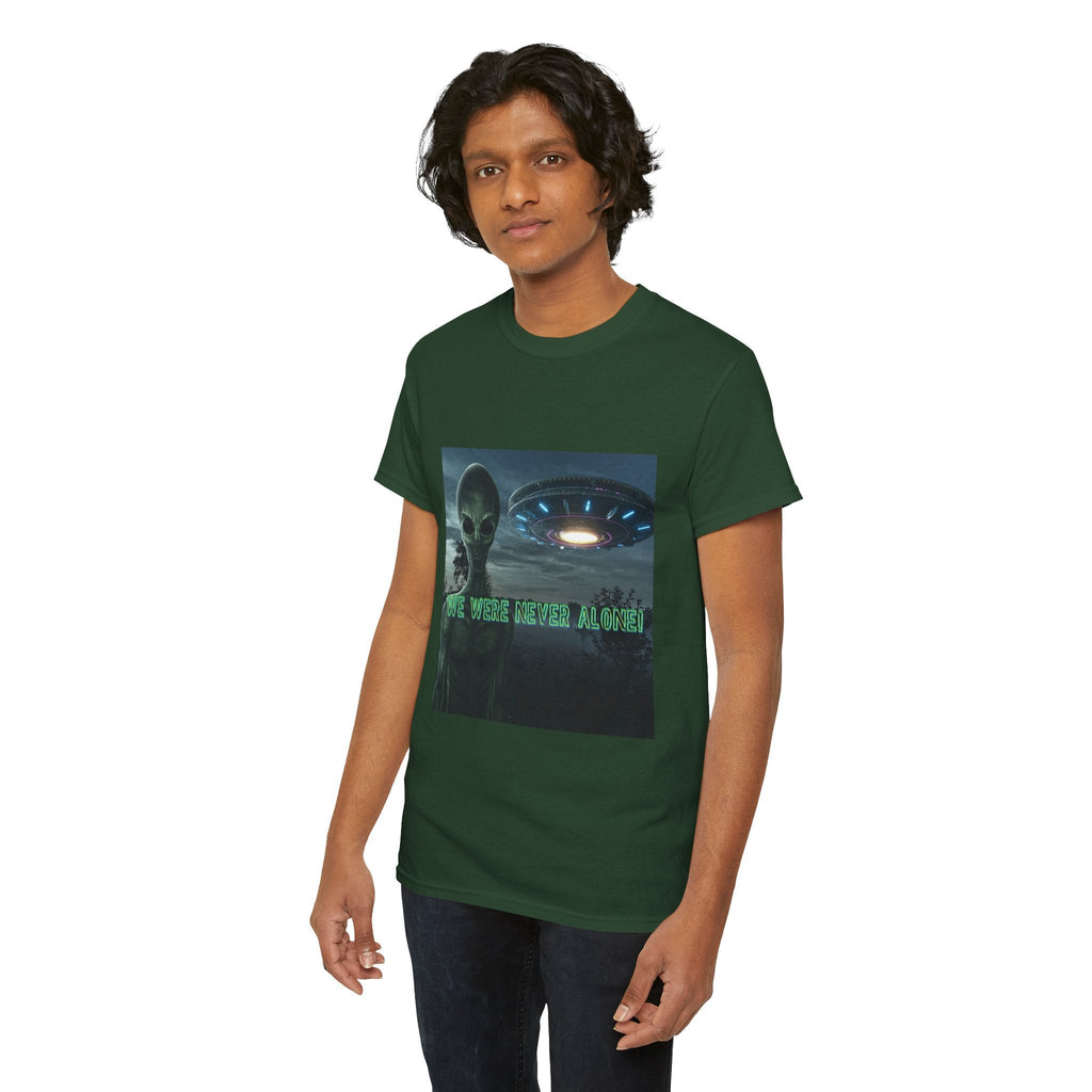 Alien UFO Graphic Tee — "We Were Never Alone" Sci‑Fi T‑Shirt - Erudition Designs