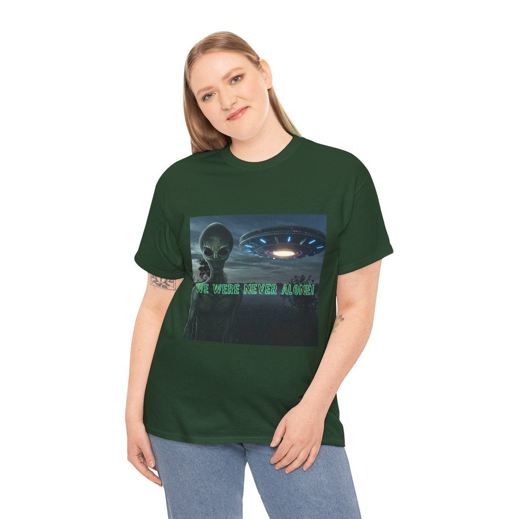 Alien UFO Graphic Tee — "We Were Never Alone" Sci‑Fi T‑Shirt - Erudition Designs
