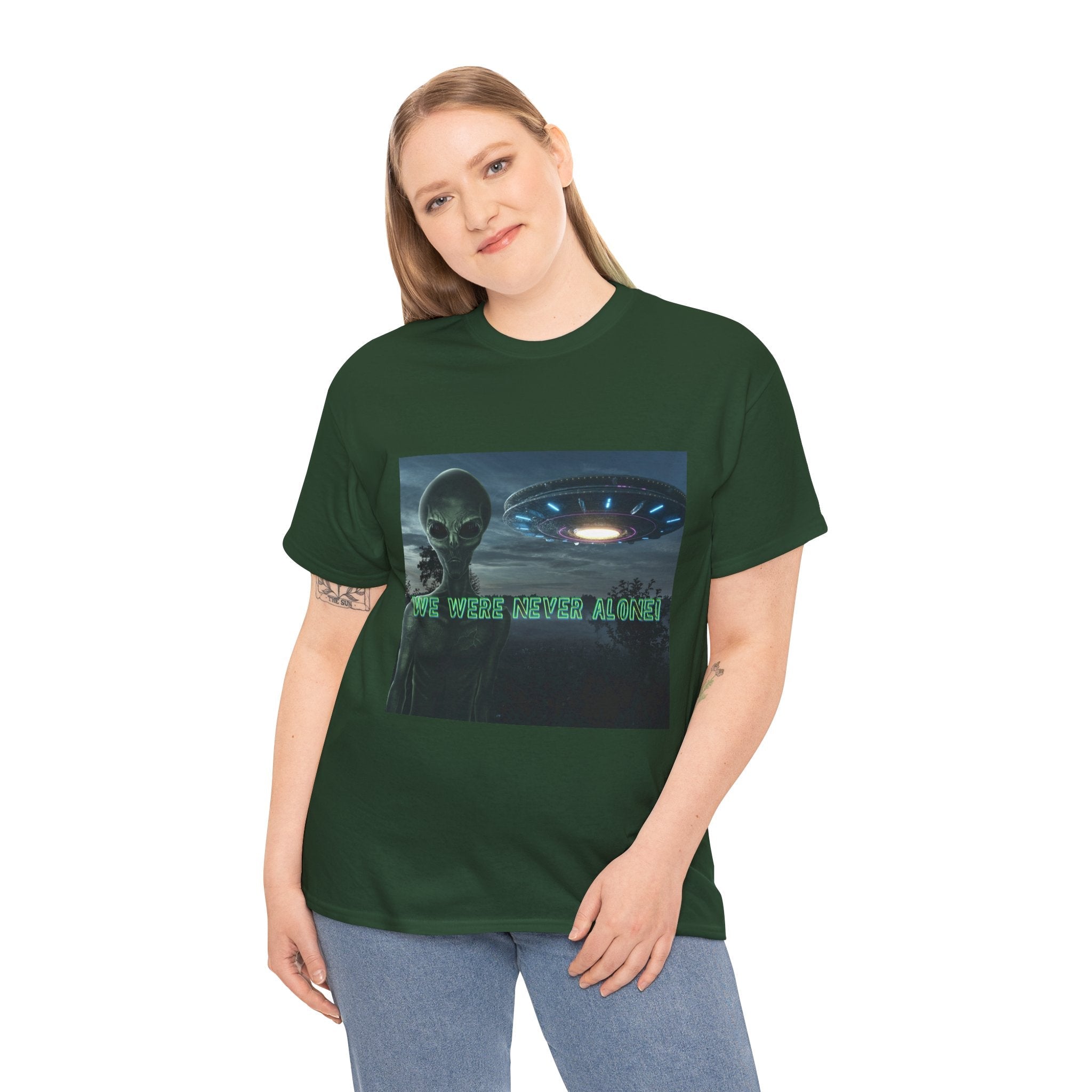 Alien UFO Graphic Tee — "We Were Never Alone" Sci‑Fi T‑Shirt - Erudition Designs