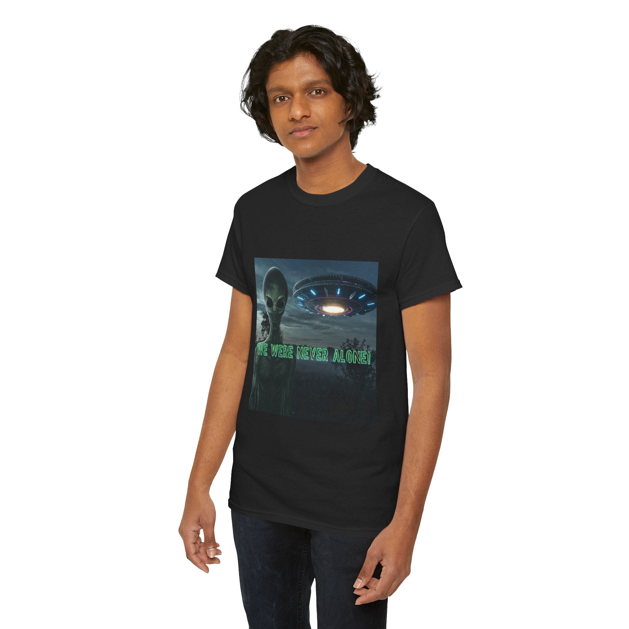 Alien UFO Graphic Tee — "We Were Never Alone" Sci‑Fi T‑Shirt - Erudition Designs
