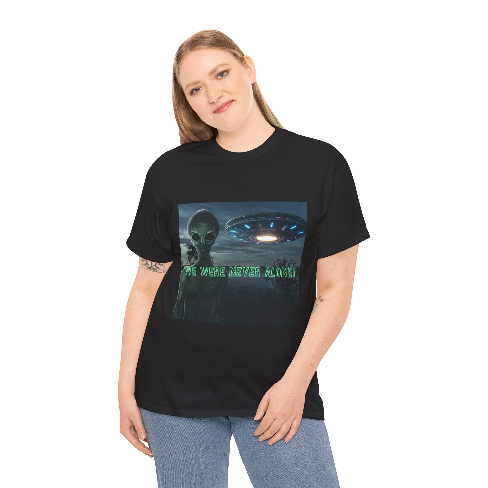 Alien UFO Graphic Tee — "We Were Never Alone" Sci‑Fi T‑Shirt - Erudition Designs