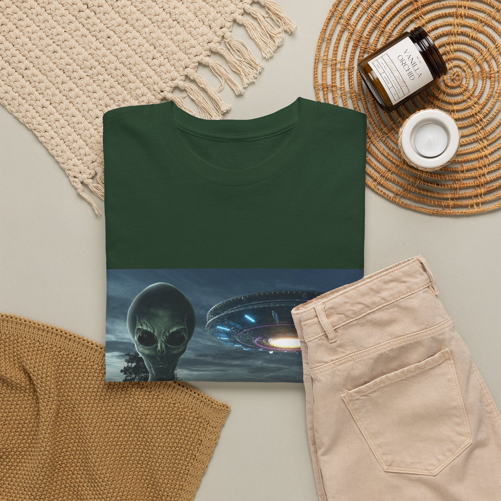 Alien UFO Graphic Tee — "We Were Never Alone" Sci‑Fi T‑Shirt - Erudition Designs