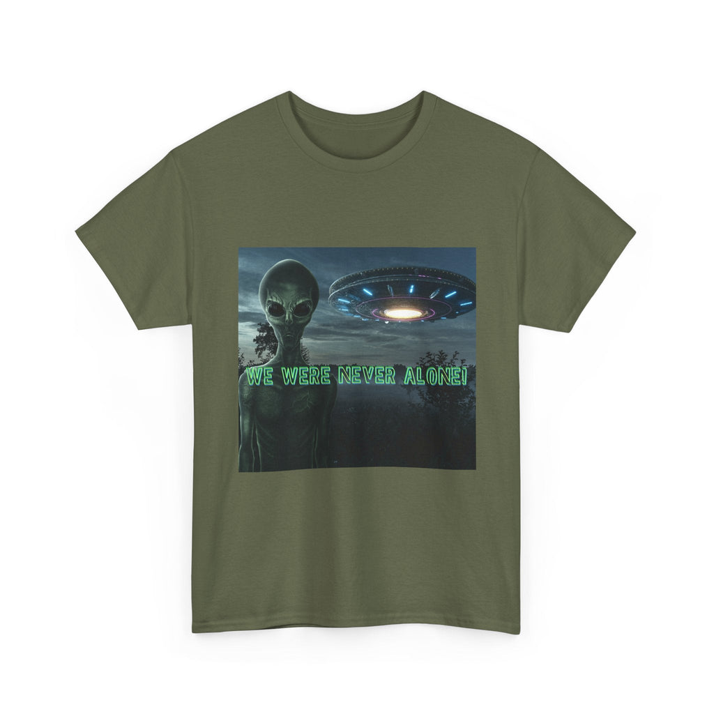 Alien UFO Graphic Tee — "We Were Never Alone" Sci‑Fi T‑Shirt - Erudition Designs