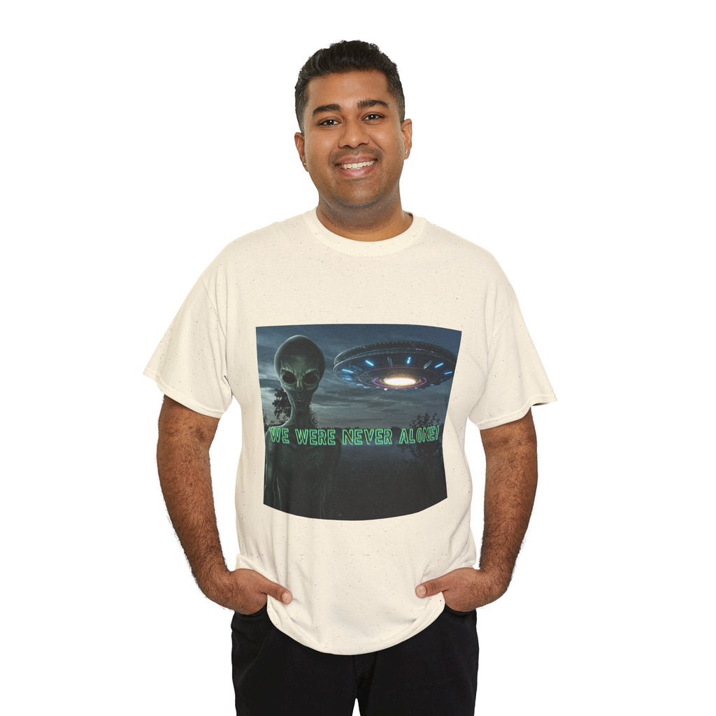 Alien UFO Graphic Tee — "We Were Never Alone" Sci‑Fi T‑Shirt - Erudition Designs
