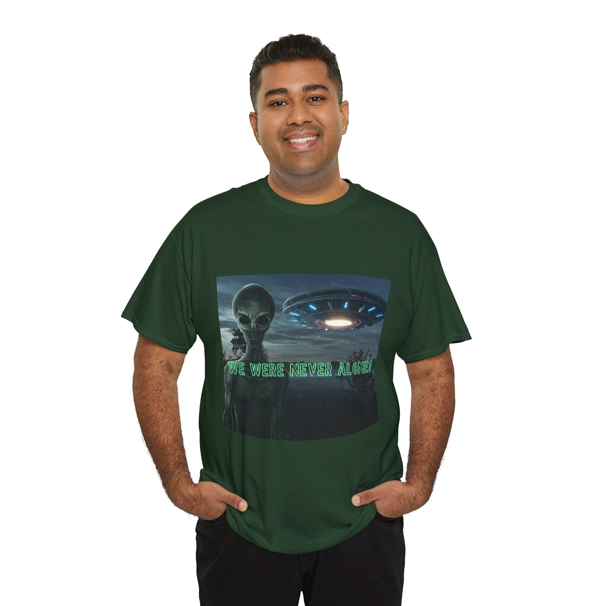 Alien UFO Graphic Tee — "We Were Never Alone" Sci‑Fi T‑Shirt - Erudition Designs