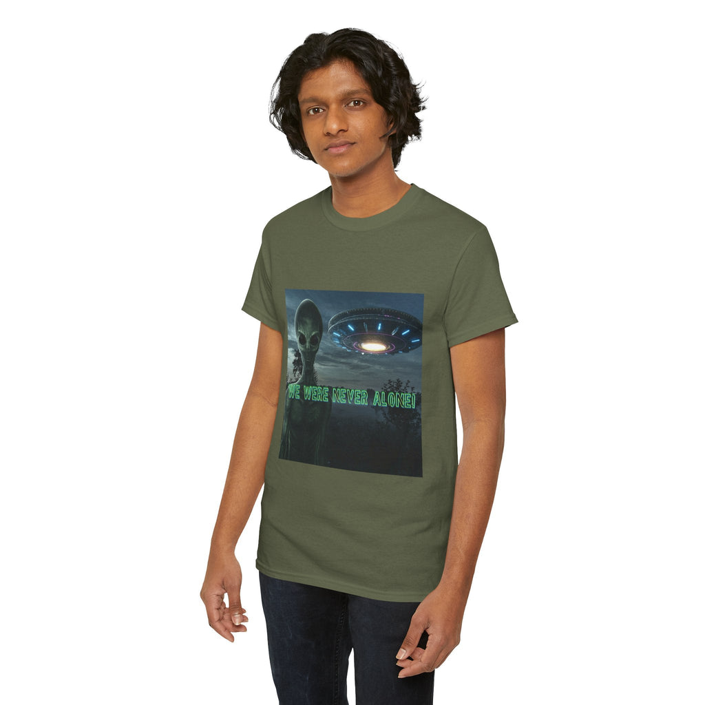 Alien UFO Graphic Tee — "We Were Never Alone" Sci‑Fi T‑Shirt - Erudition Designs