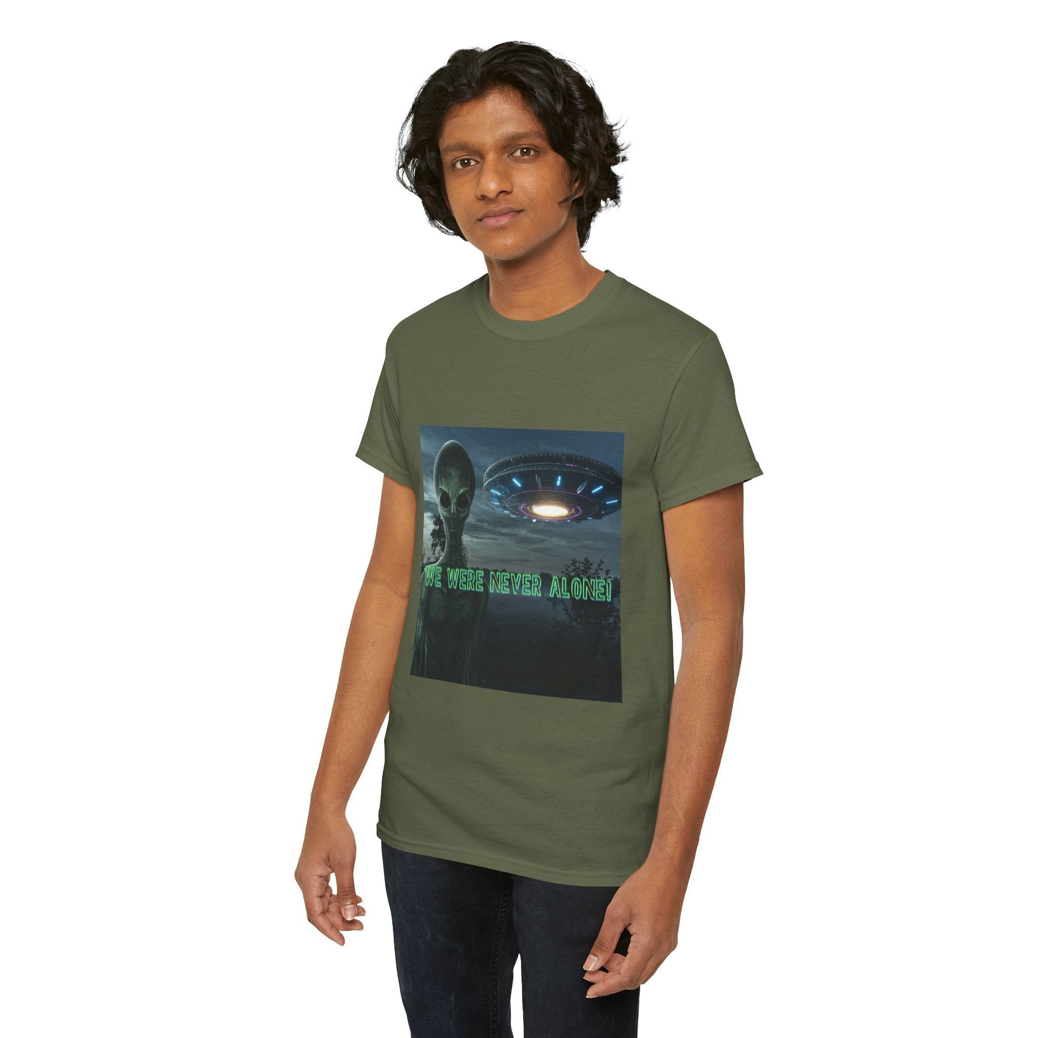Alien UFO Graphic Tee — "We Were Never Alone" Sci‑Fi T‑Shirt - Erudition Designs