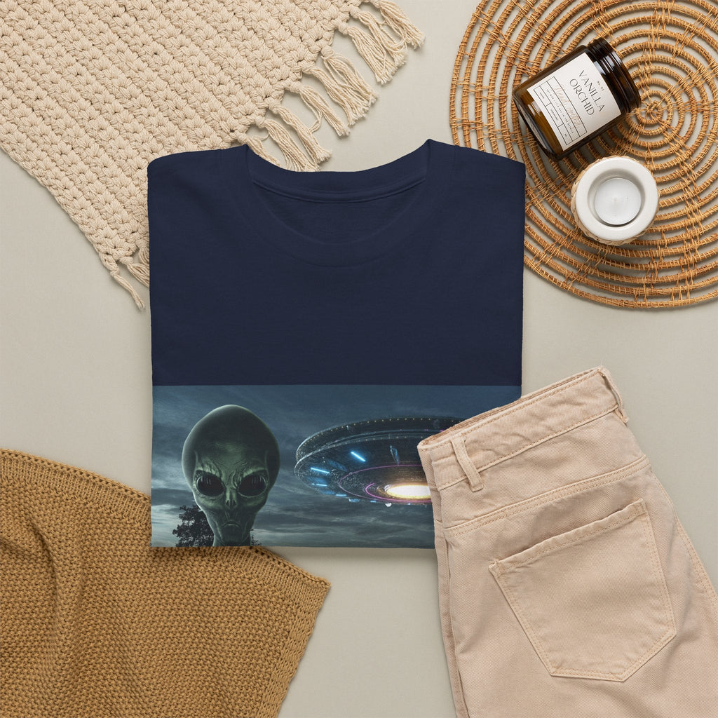 Alien UFO Graphic Tee — "We Were Never Alone" Sci‑Fi T‑Shirt - Erudition Designs