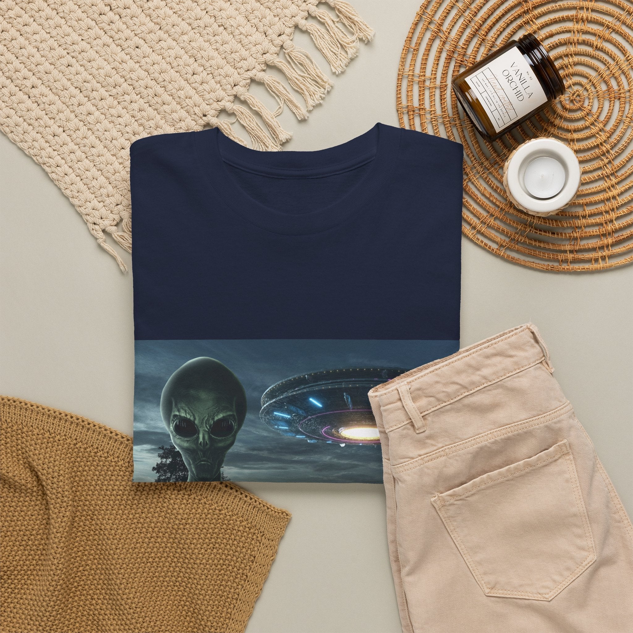 Alien UFO Graphic Tee — "We Were Never Alone" Sci‑Fi T‑Shirt - Erudition Designs