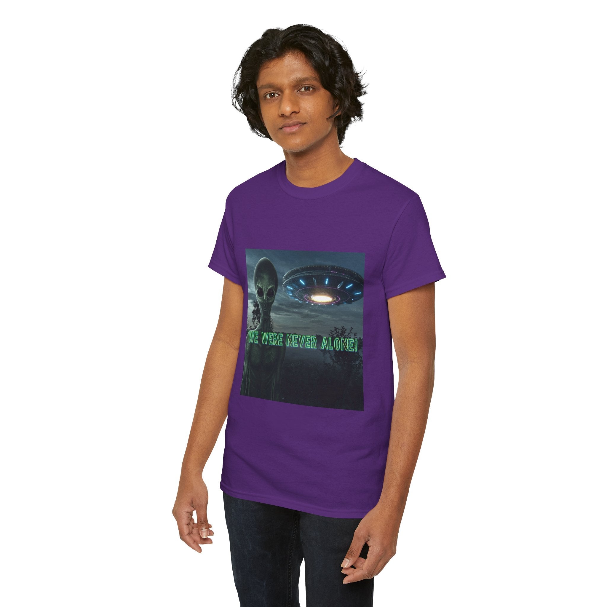 Alien UFO Graphic Tee — "We Were Never Alone" Sci‑Fi T‑Shirt - Erudition Designs