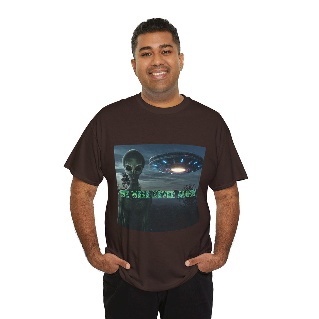 Alien UFO Graphic Tee — "We Were Never Alone" Sci‑Fi T‑Shirt - Erudition Designs