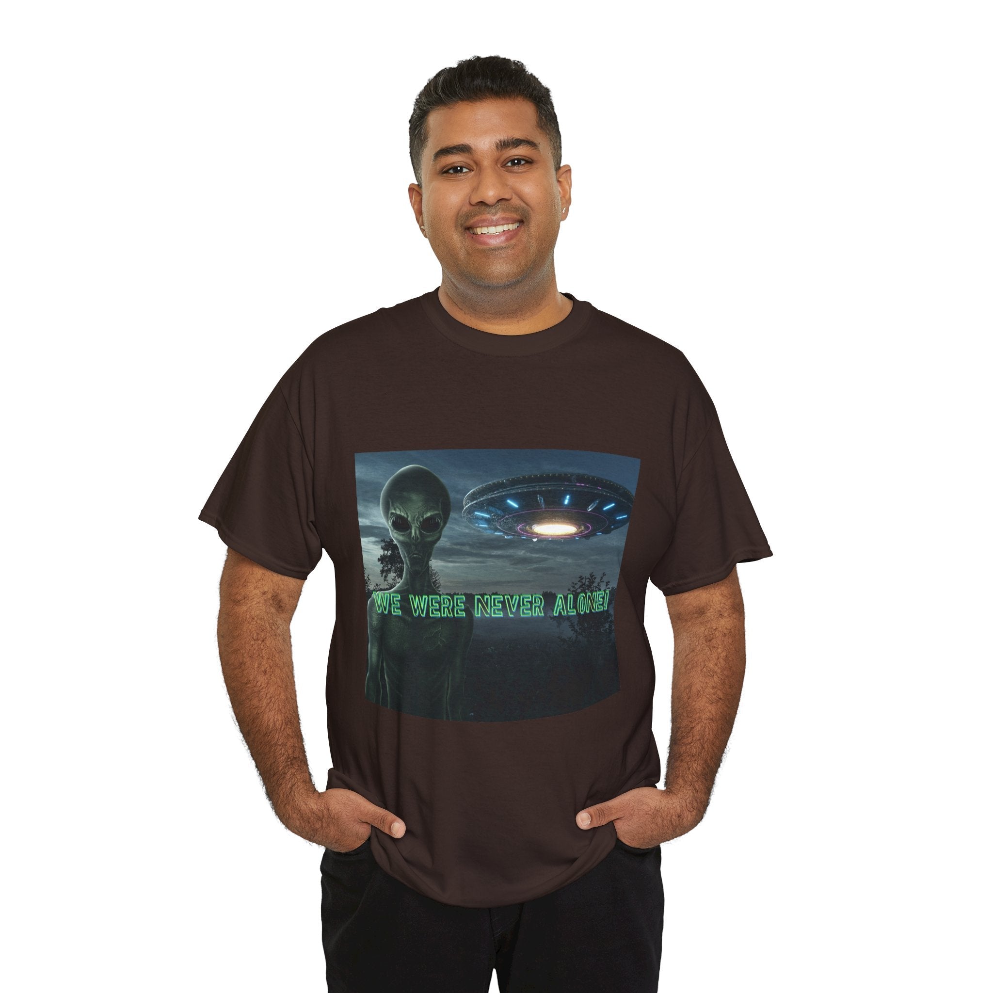 Alien UFO Graphic Tee — "We Were Never Alone" Sci‑Fi T‑Shirt - Erudition Designs