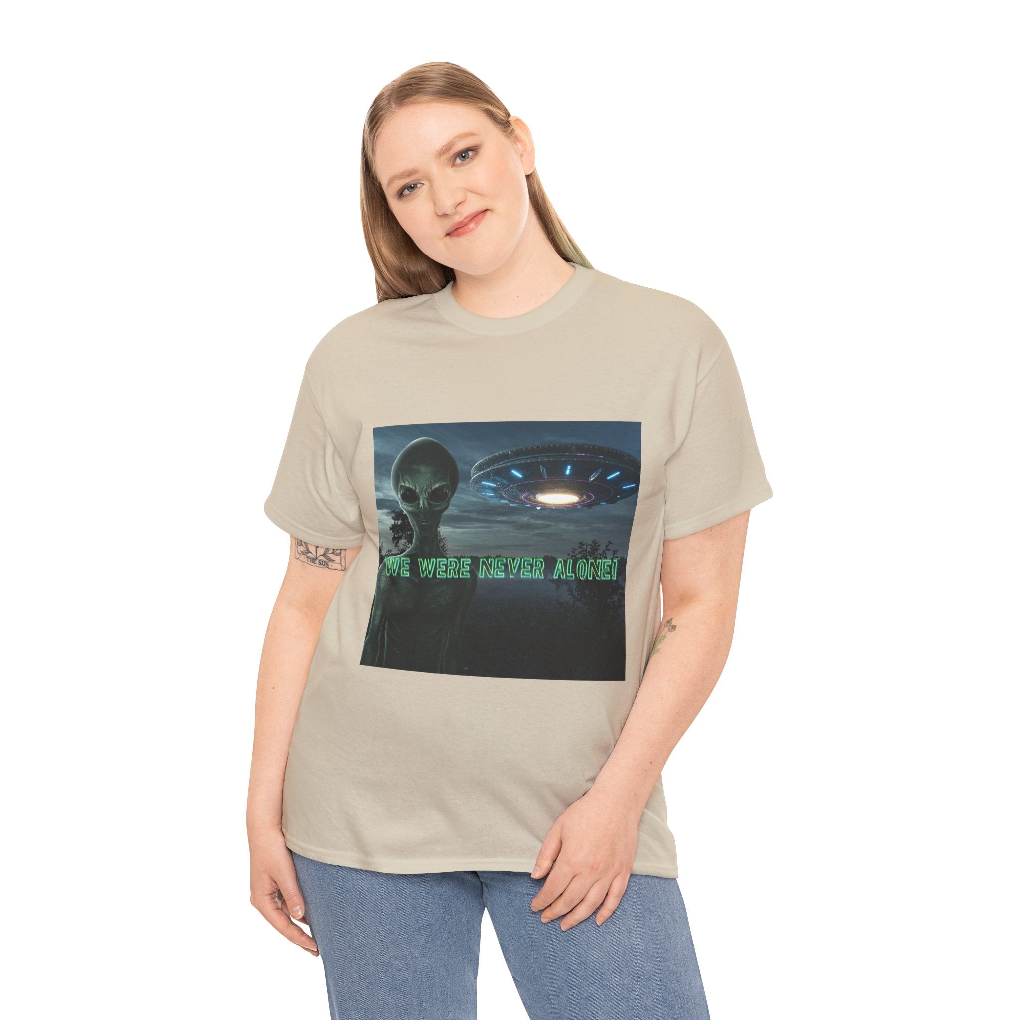 Alien UFO Graphic Tee — "We Were Never Alone" Sci‑Fi T‑Shirt - Erudition Designs