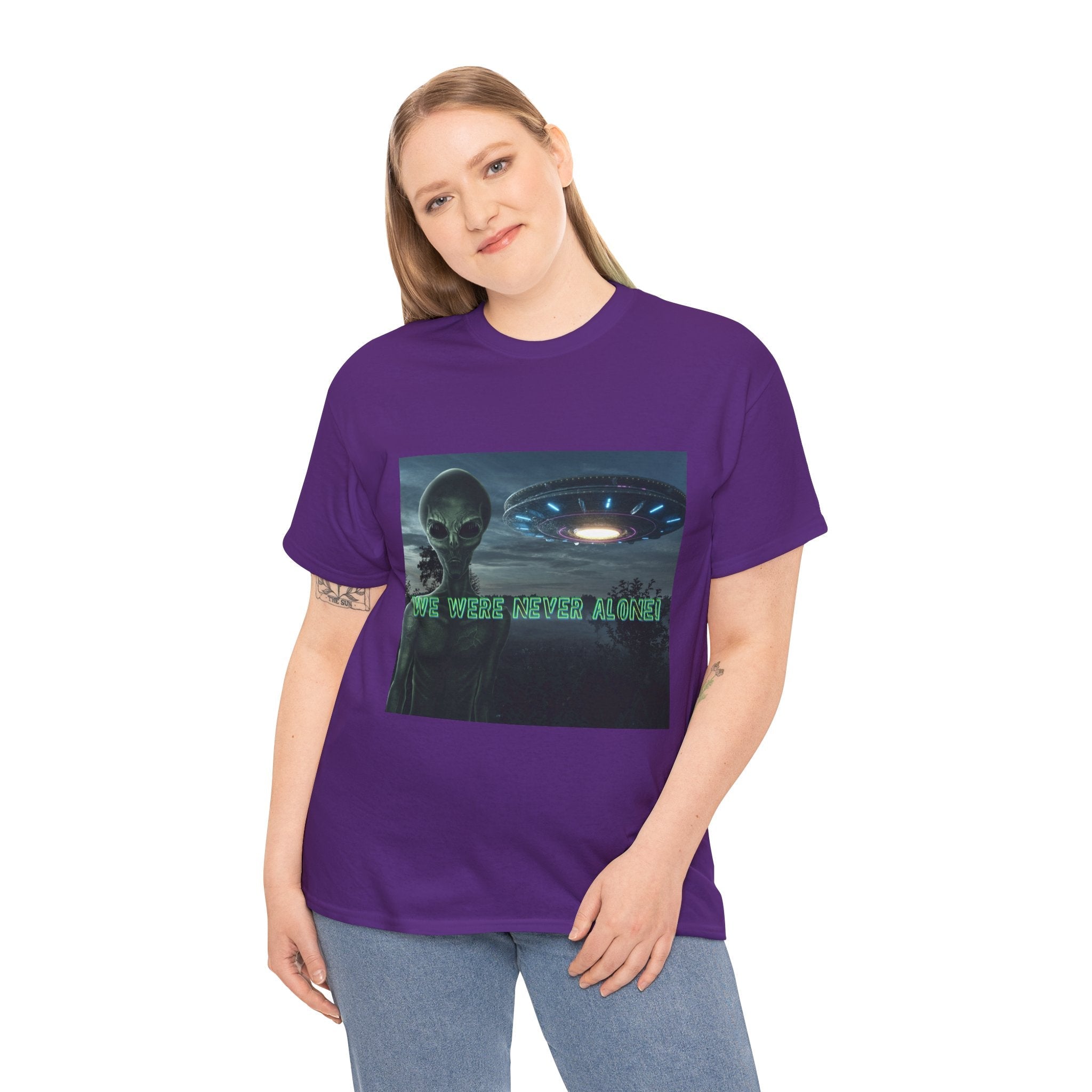 Alien UFO Graphic Tee — "We Were Never Alone" Sci‑Fi T‑Shirt - Erudition Designs