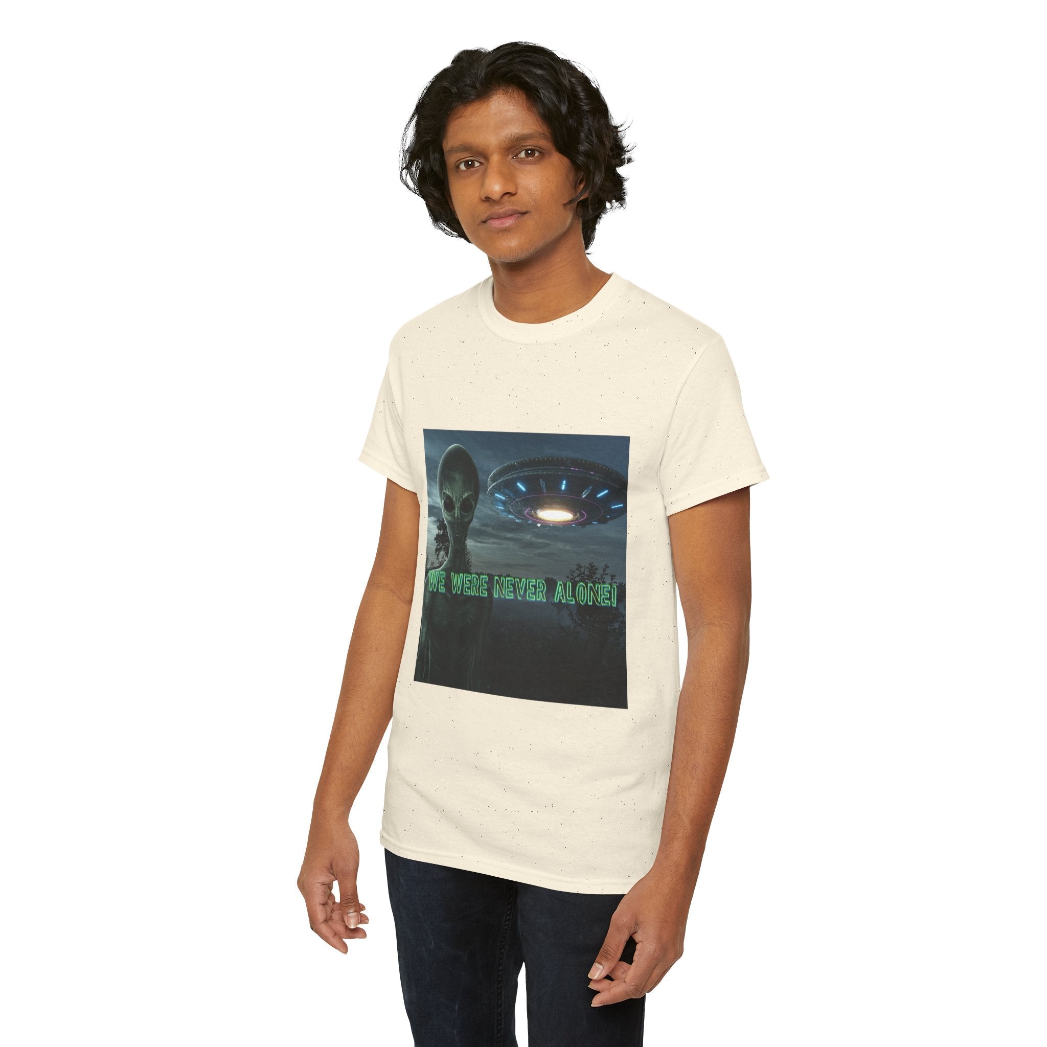 Alien UFO Graphic Tee — "We Were Never Alone" Sci‑Fi T‑Shirt - Erudition Designs